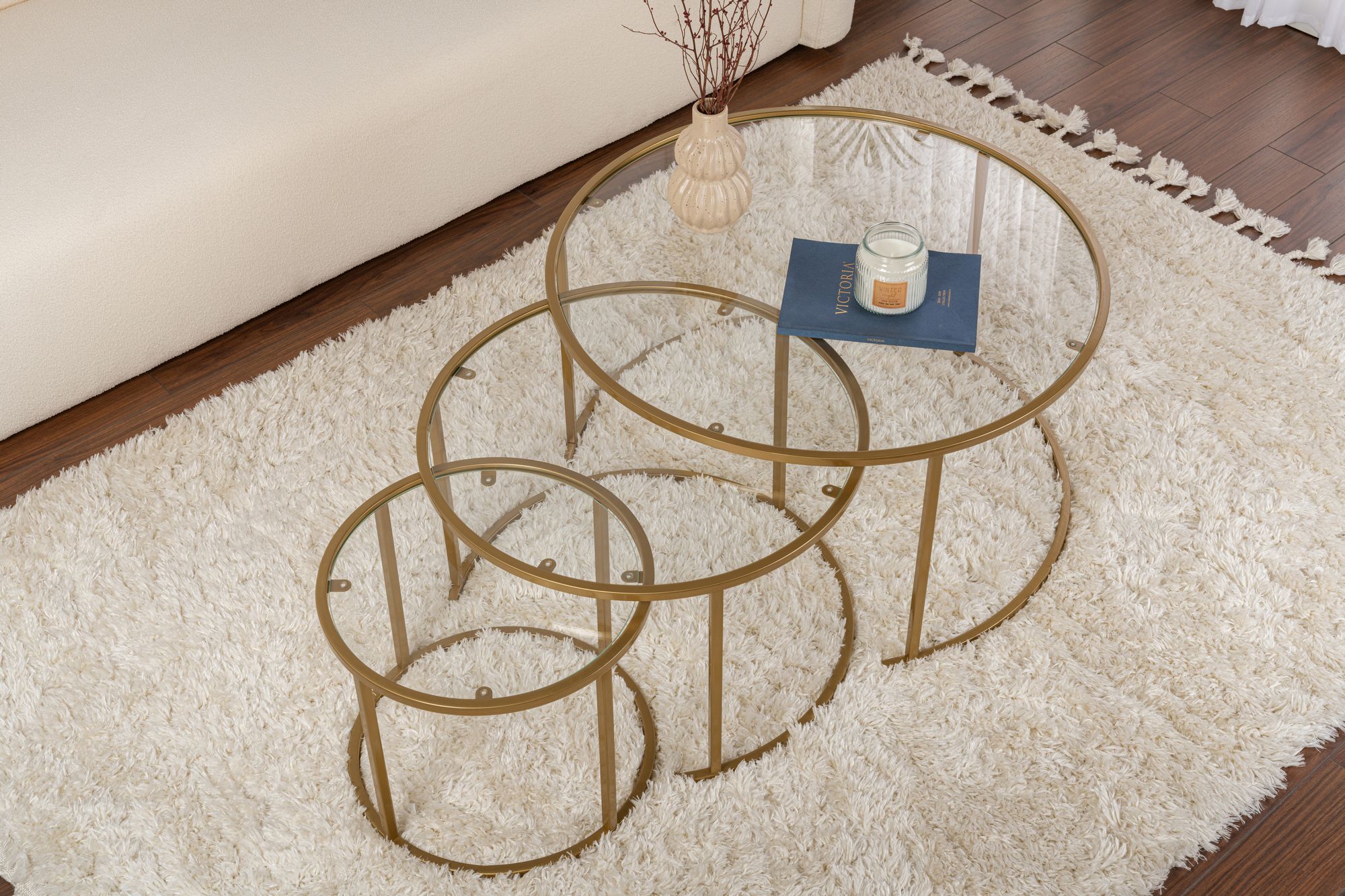 3x Aurum Couchtisch-Set Gold Transparent Ø80cm Ø60cm Ø42cm