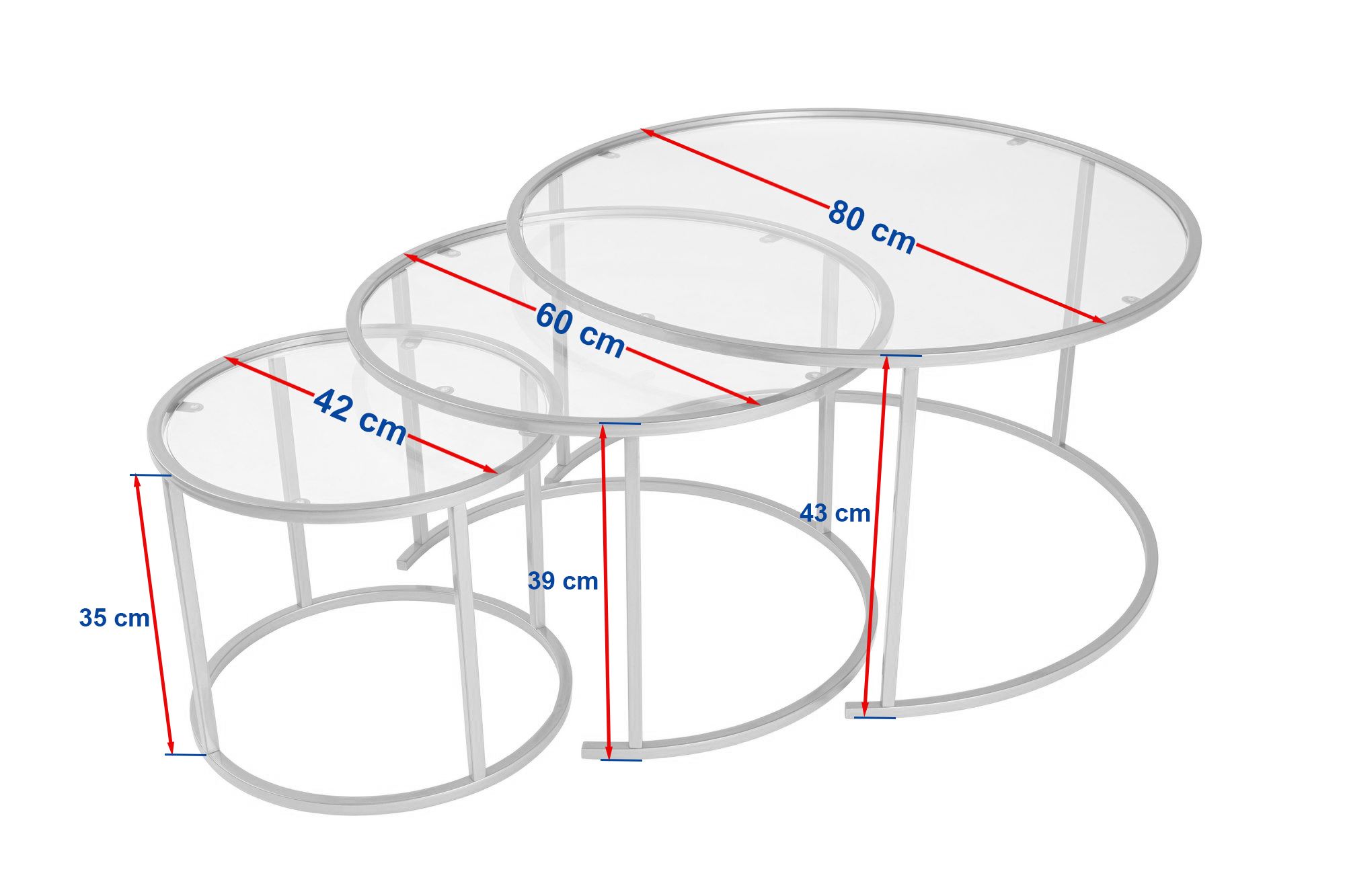 3x Gold Coffee Table Set Gold Transparent Ø80cm Ø60cm Ø42cm