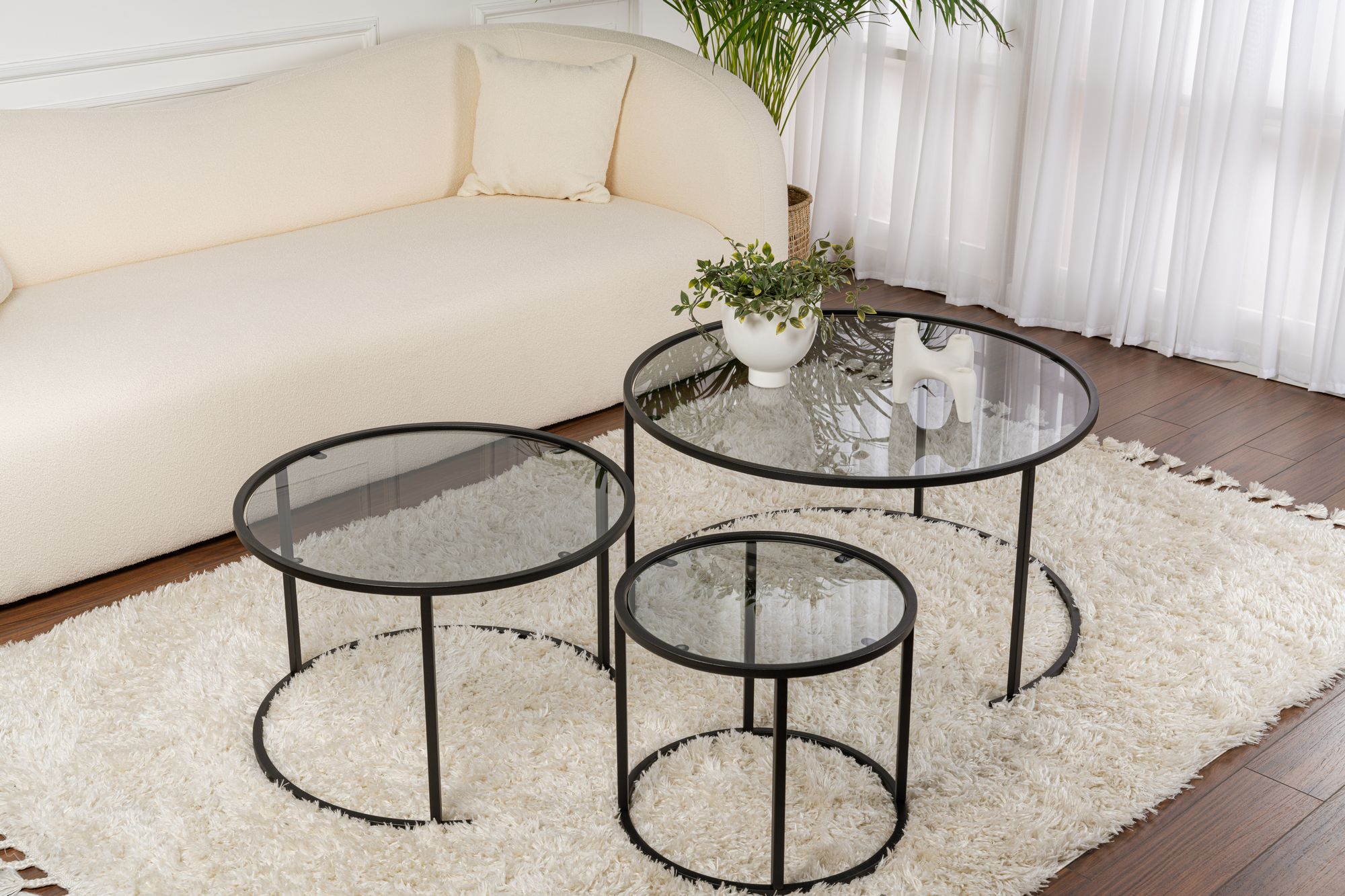 3x Aurum Coffee Table Set Black Grey Ø80cm Ø60cm Ø42cm