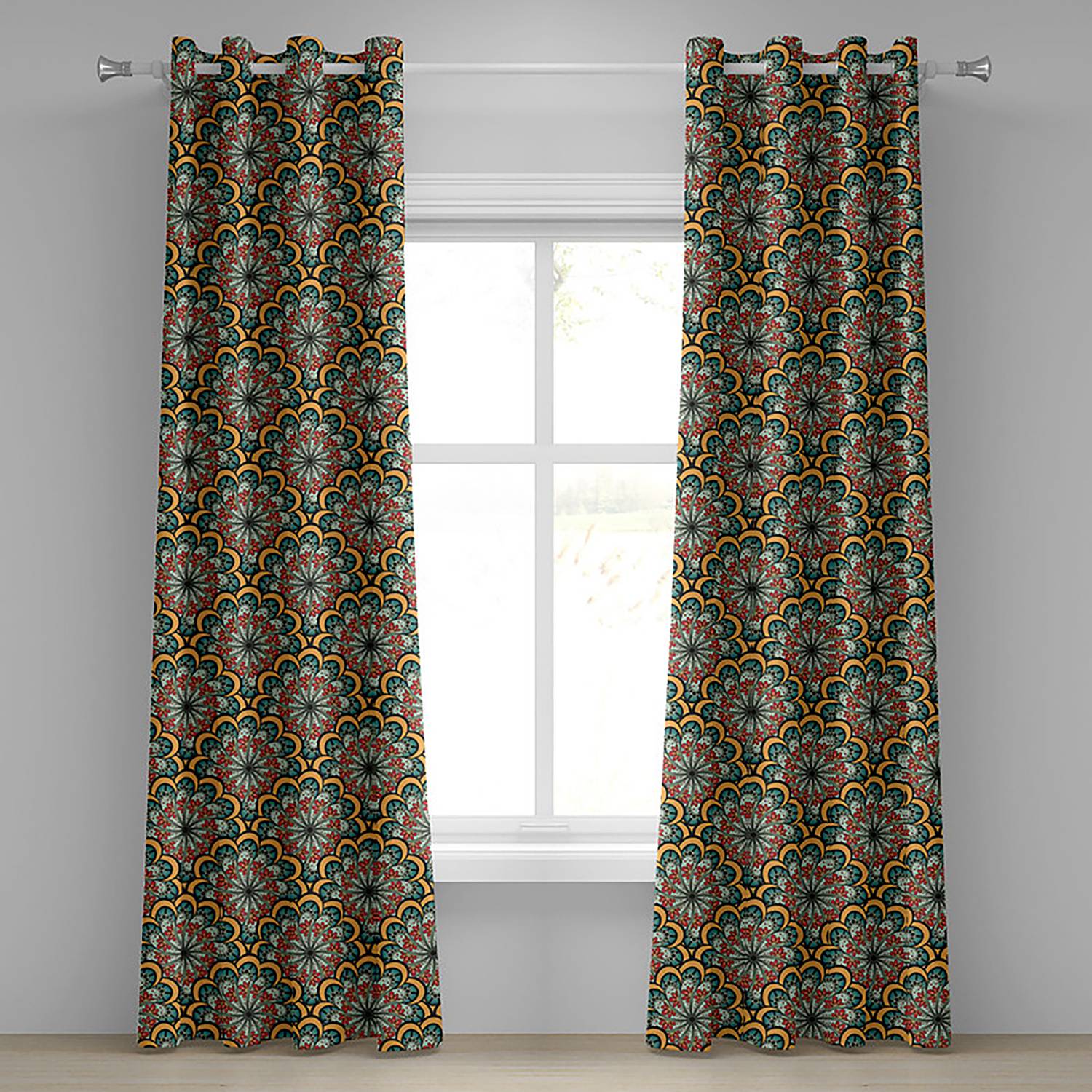 Mandala Flowers 2-Piece Polyester Curtain Red/Green/Yellow
