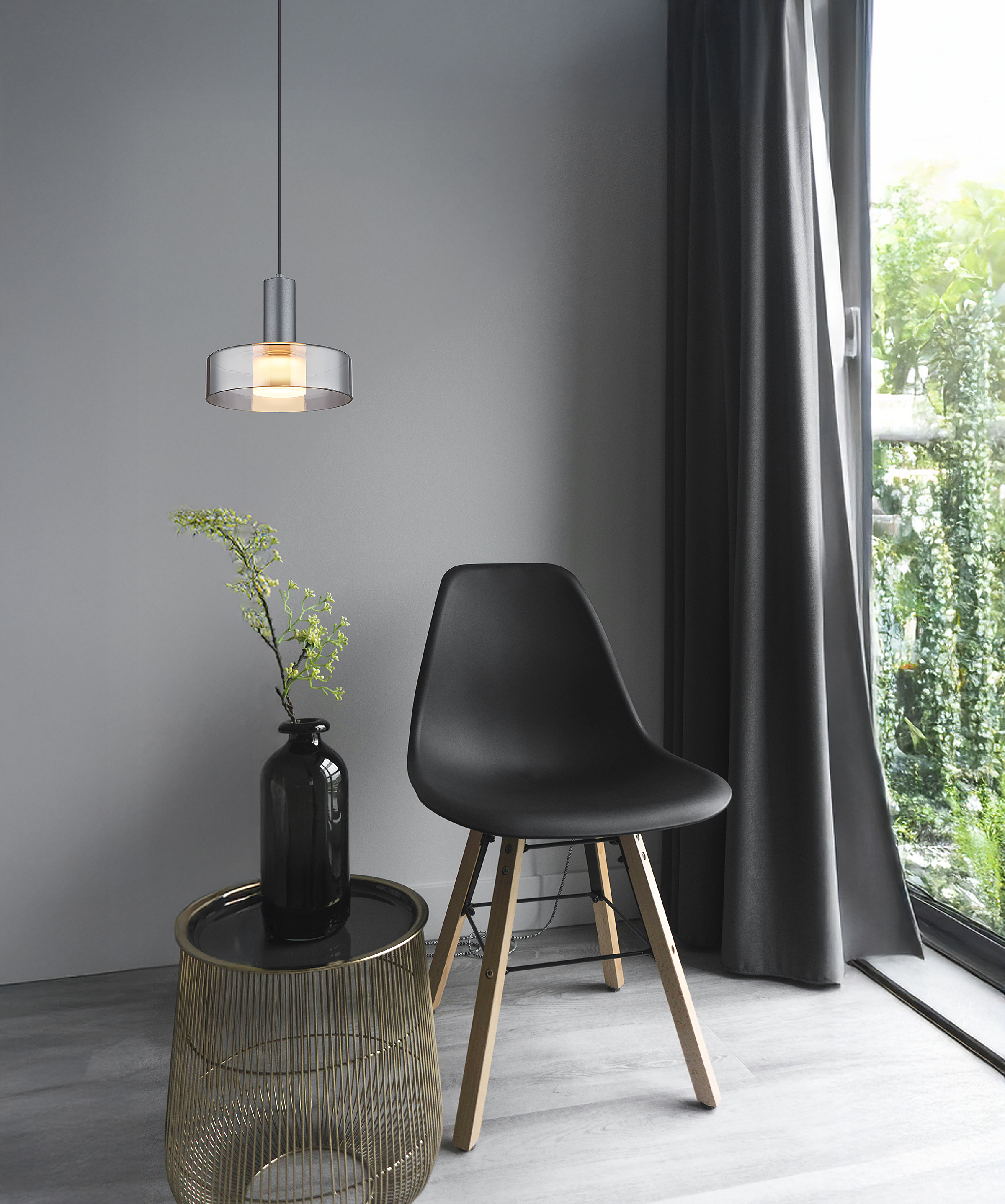 1-Flame Grant LED Pendant Light Smoked Glass Aluminum