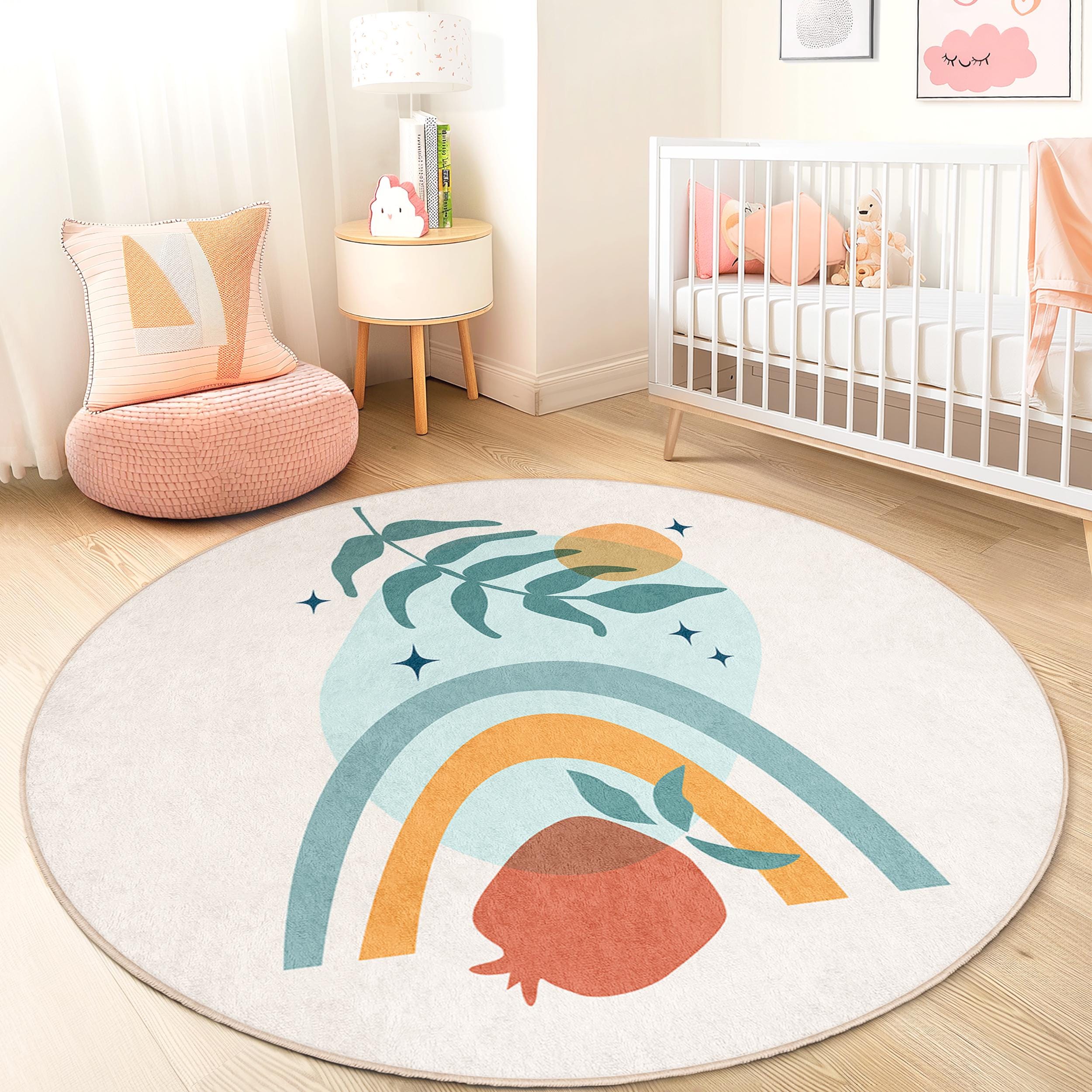 Regenbogen und Blatt Kinderteppich Mehrfarbig Ø150cm
