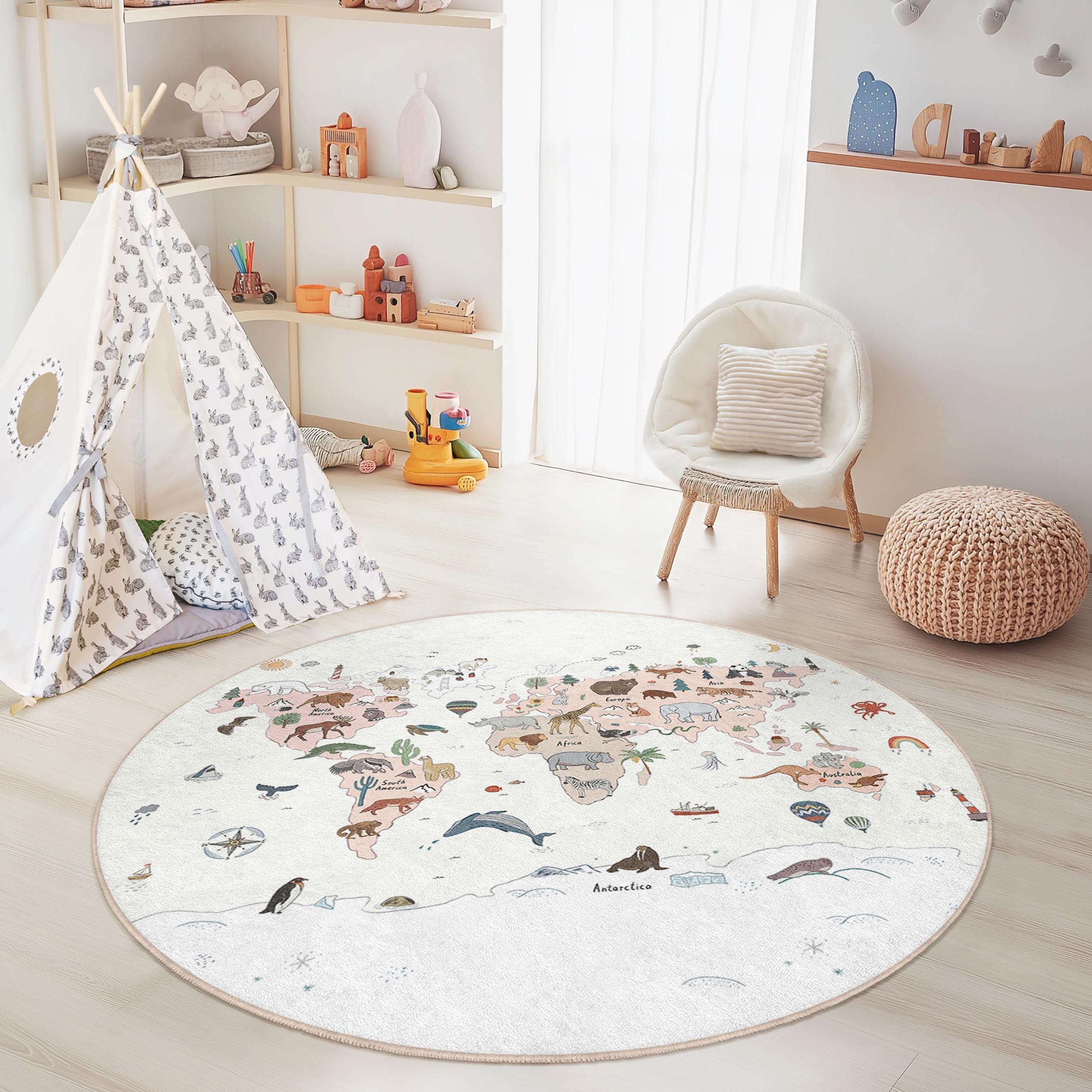 Weltkarten Tierbild Kinderteppich Mehrfarbig Ø 180cm