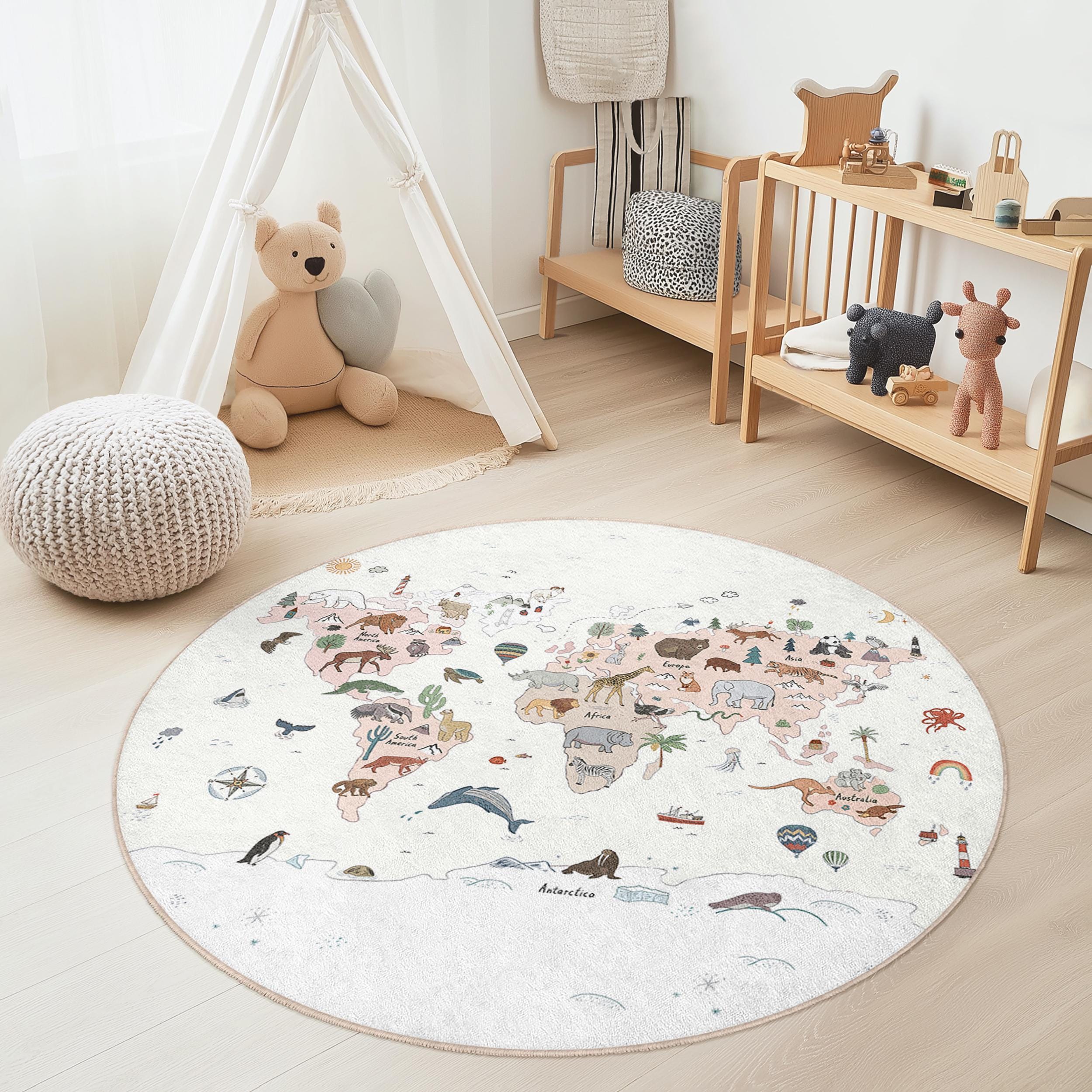 World Map Animal Image Children's Rug Multicolored Ø 180cm