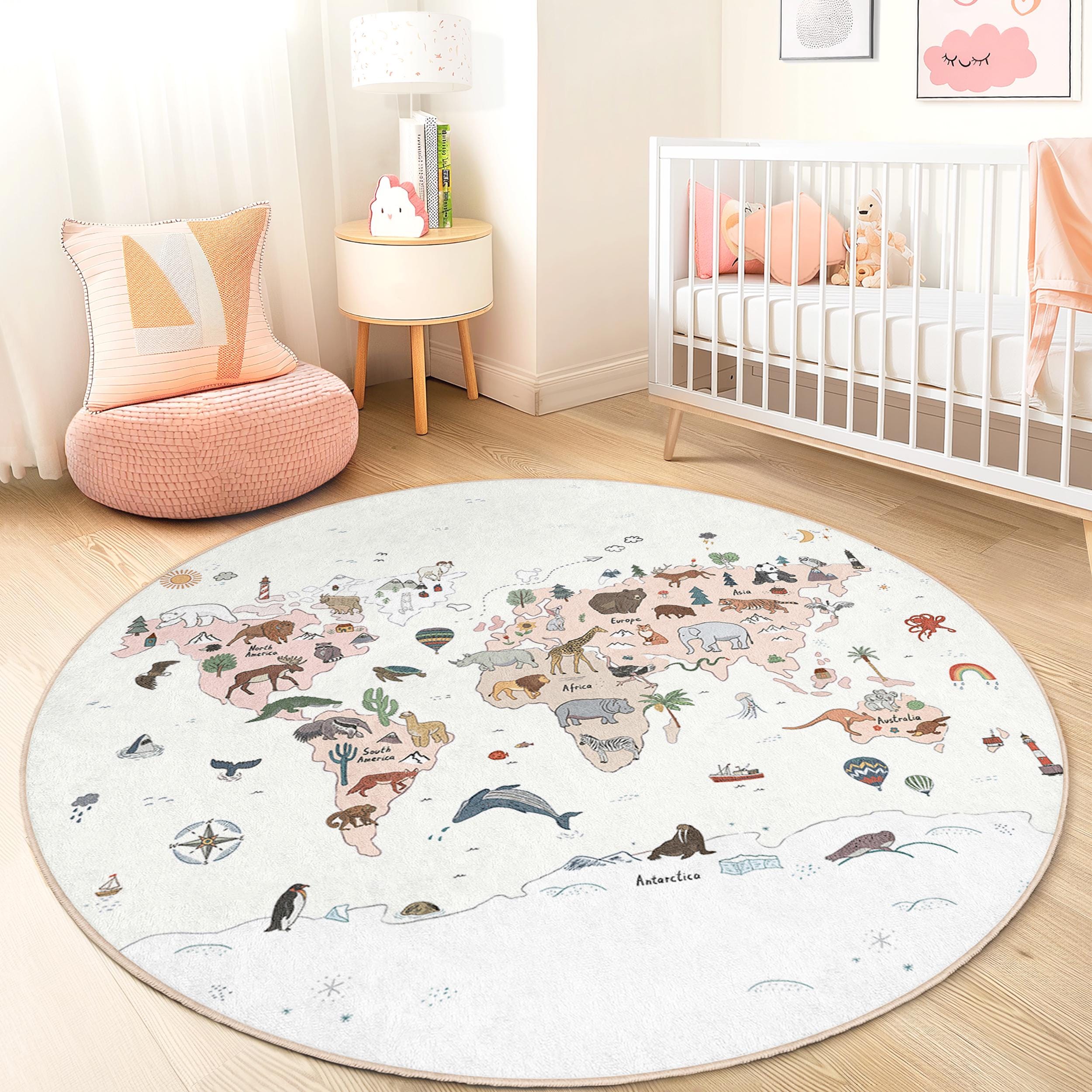 World Map Animal Image Children's Rug Multicolored Ø 180cm
