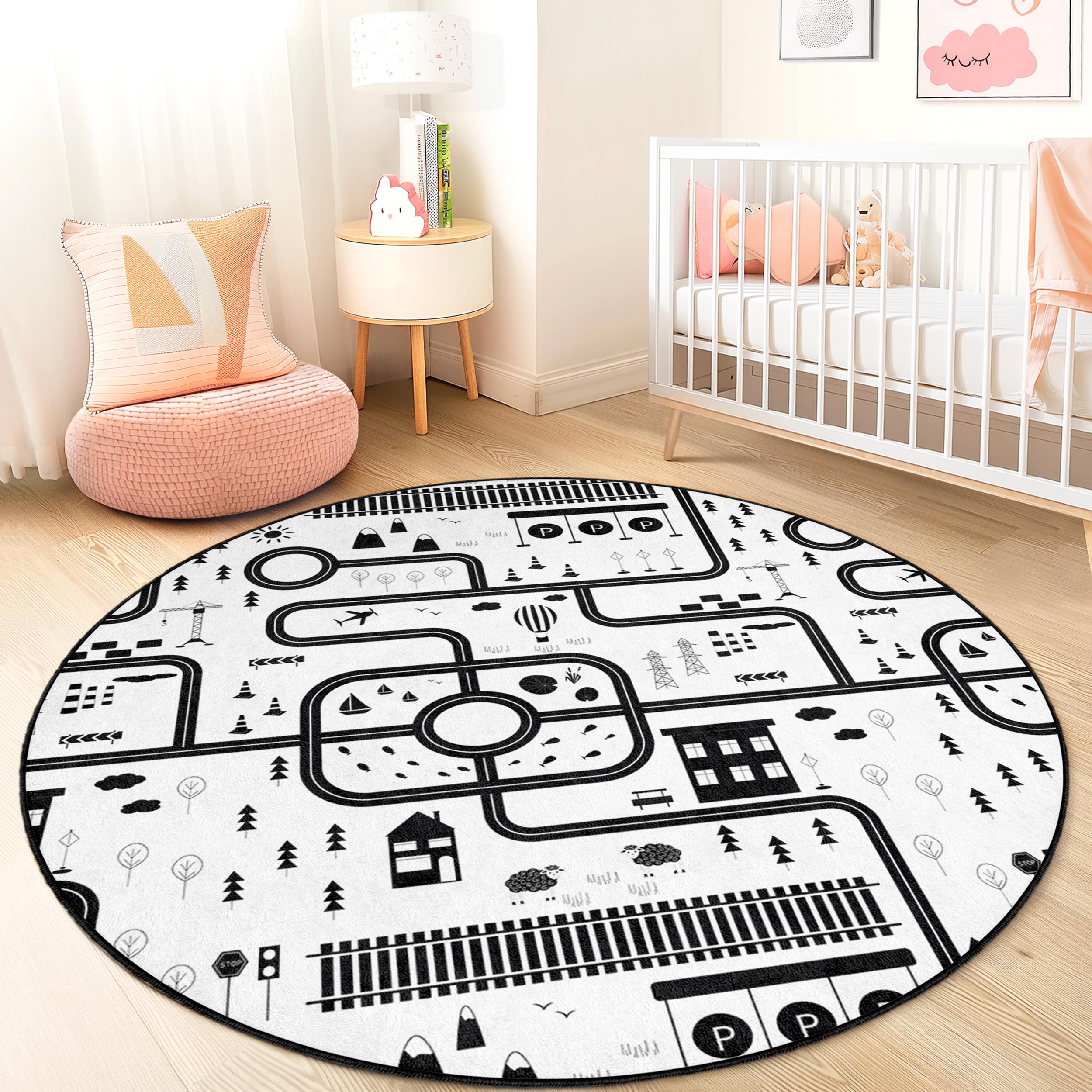 Tappeto per bambini con mappa stradale bianco e nero Ø150cm