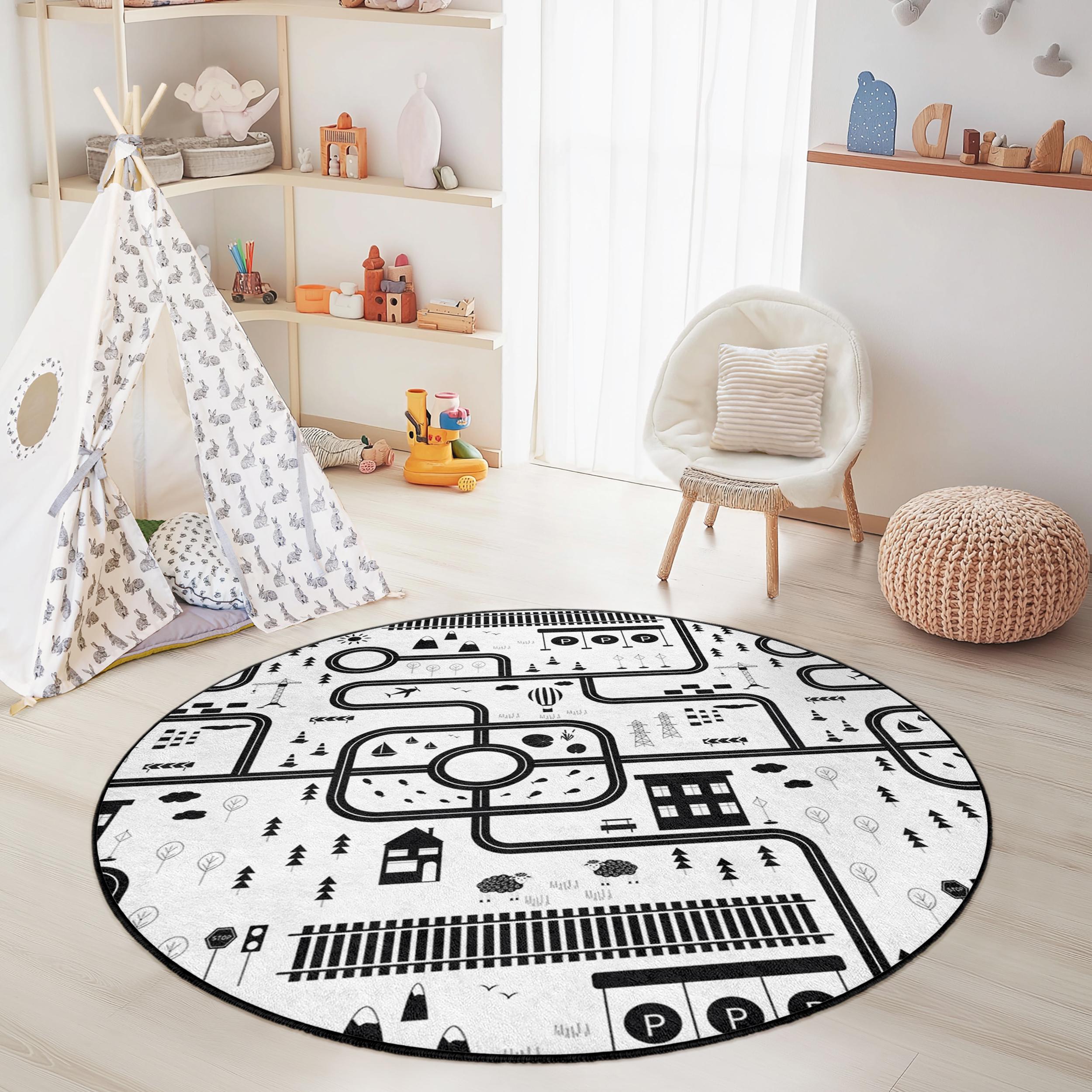 Straßenkarte Kinderteppich Schwarz Weiß Ø120cm