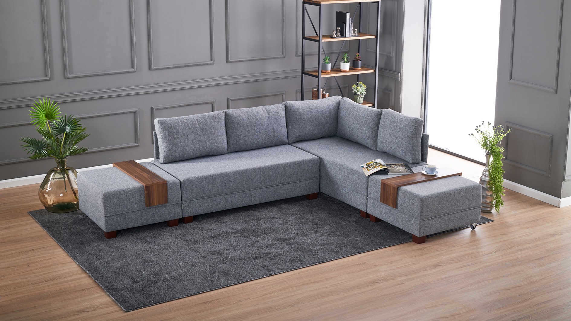 Schlafsofa Récamiere Rechts Polyester Holz Grau