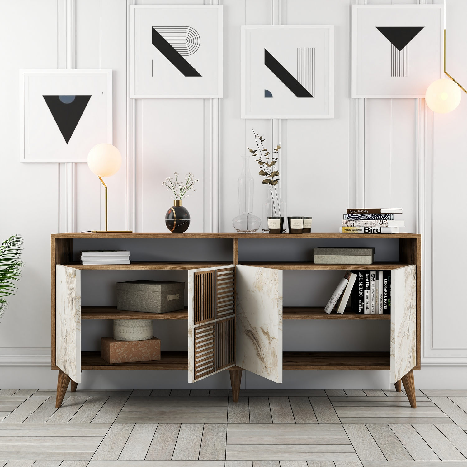 Milan Sideboard Walnut Brown Marble Effect White 160cm