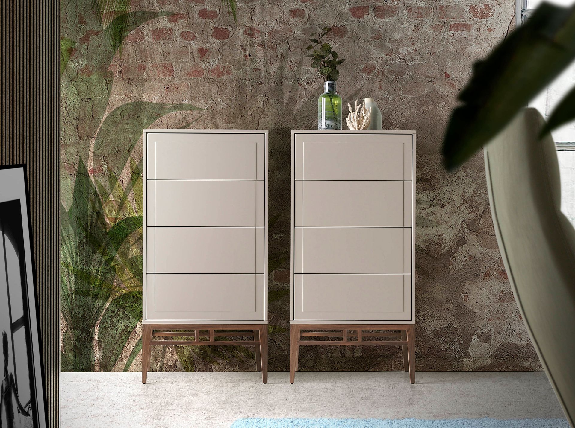 Chiffonier mit 4 Schubladen Walnussfurnier Creme