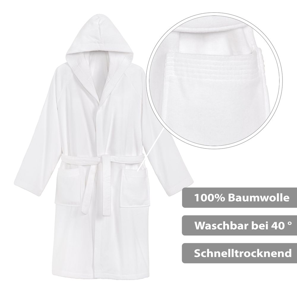 Unisex Bademantel Baumwolle mit Kapuze Weiß Large