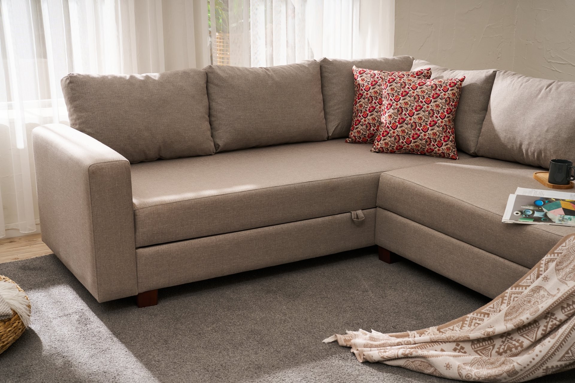 Aly  Schlafsofa Récamiere Rechts Baumwolle Beige