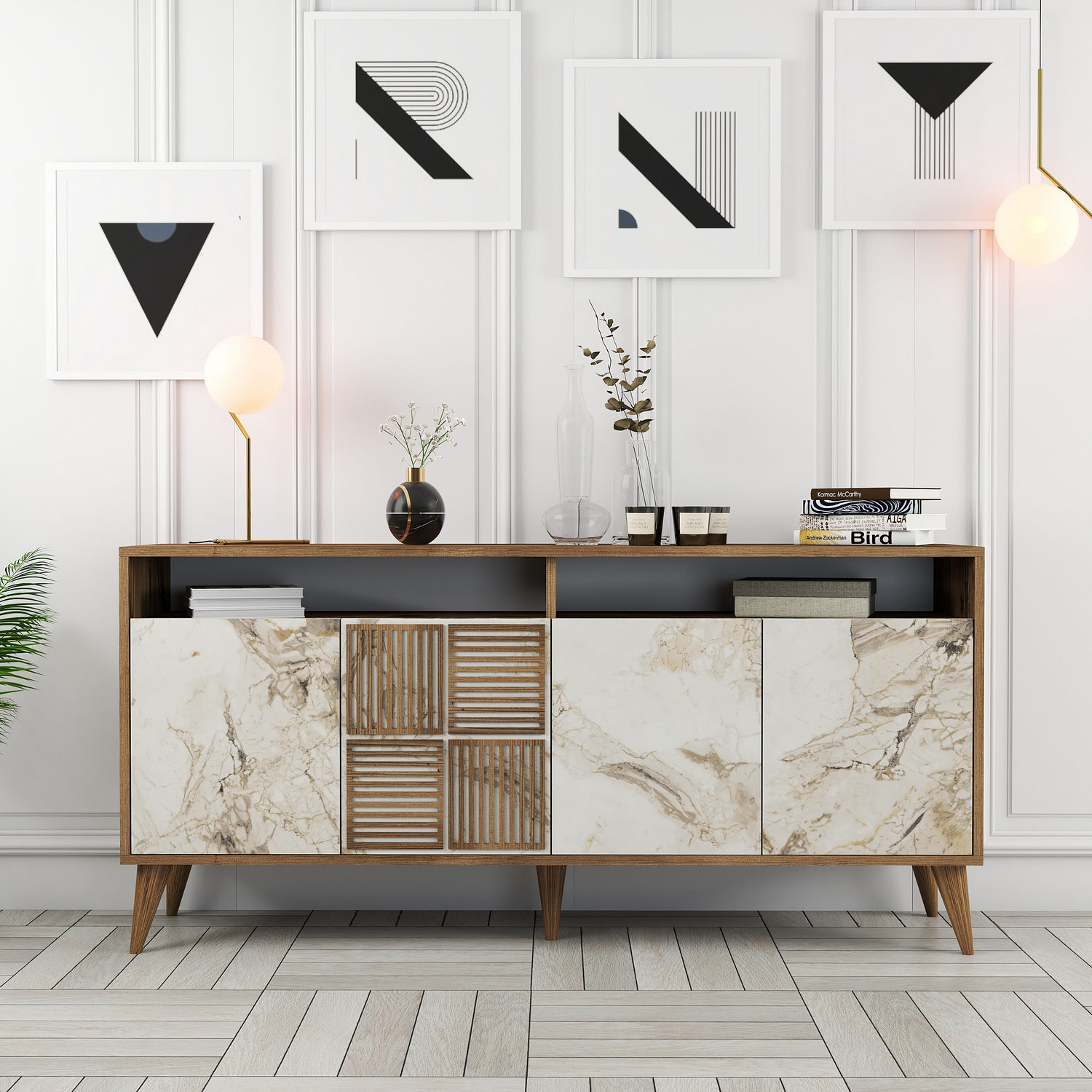 Milan Sideboard Walnut Brown Marble Effect White 160cm
