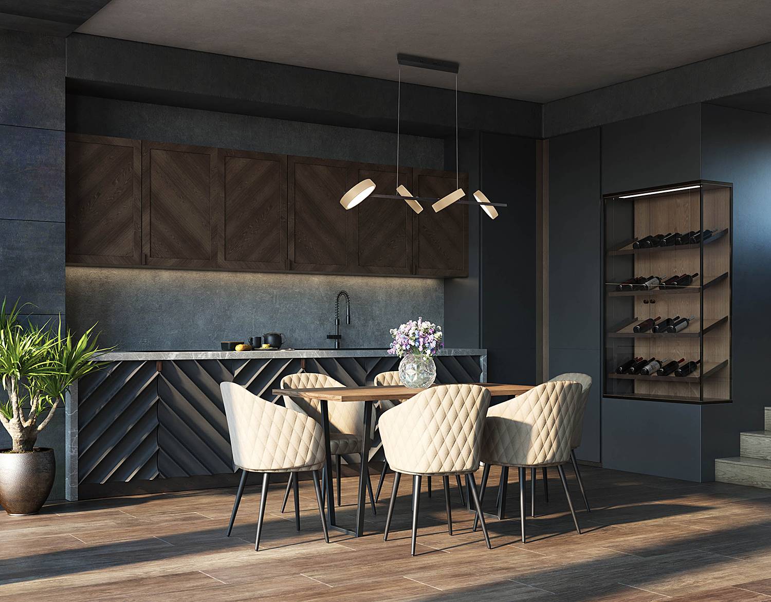 4-burner LED pendant light Tessa Steel