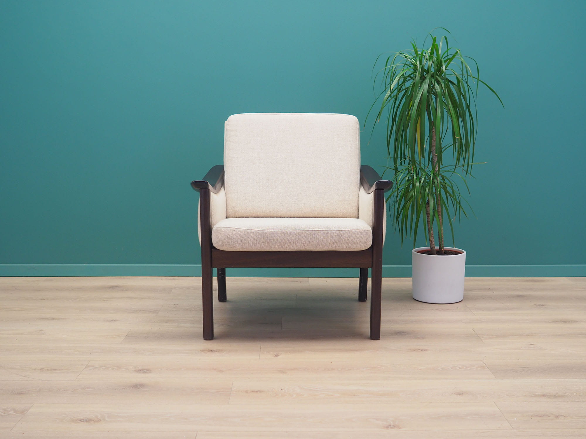 Vintage armchair wood fabric cream 1970s
