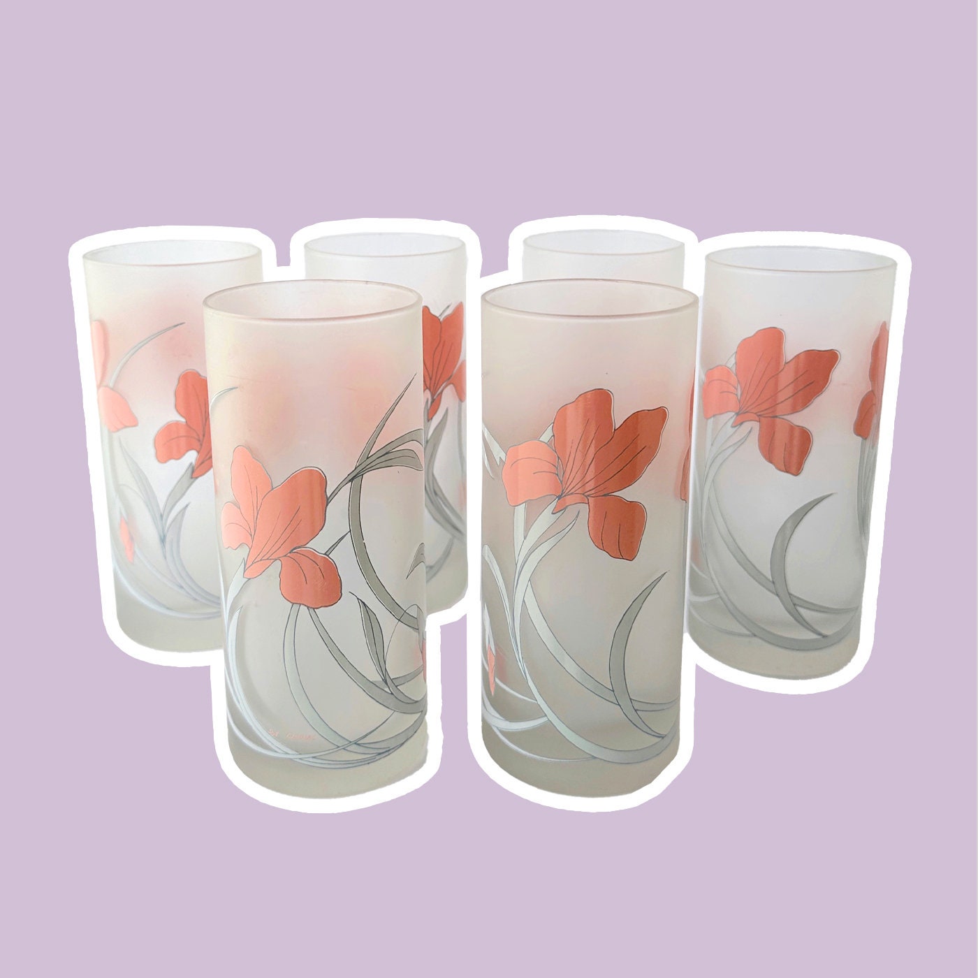 6x Vintage drinking glasses with floral pattern 1980s