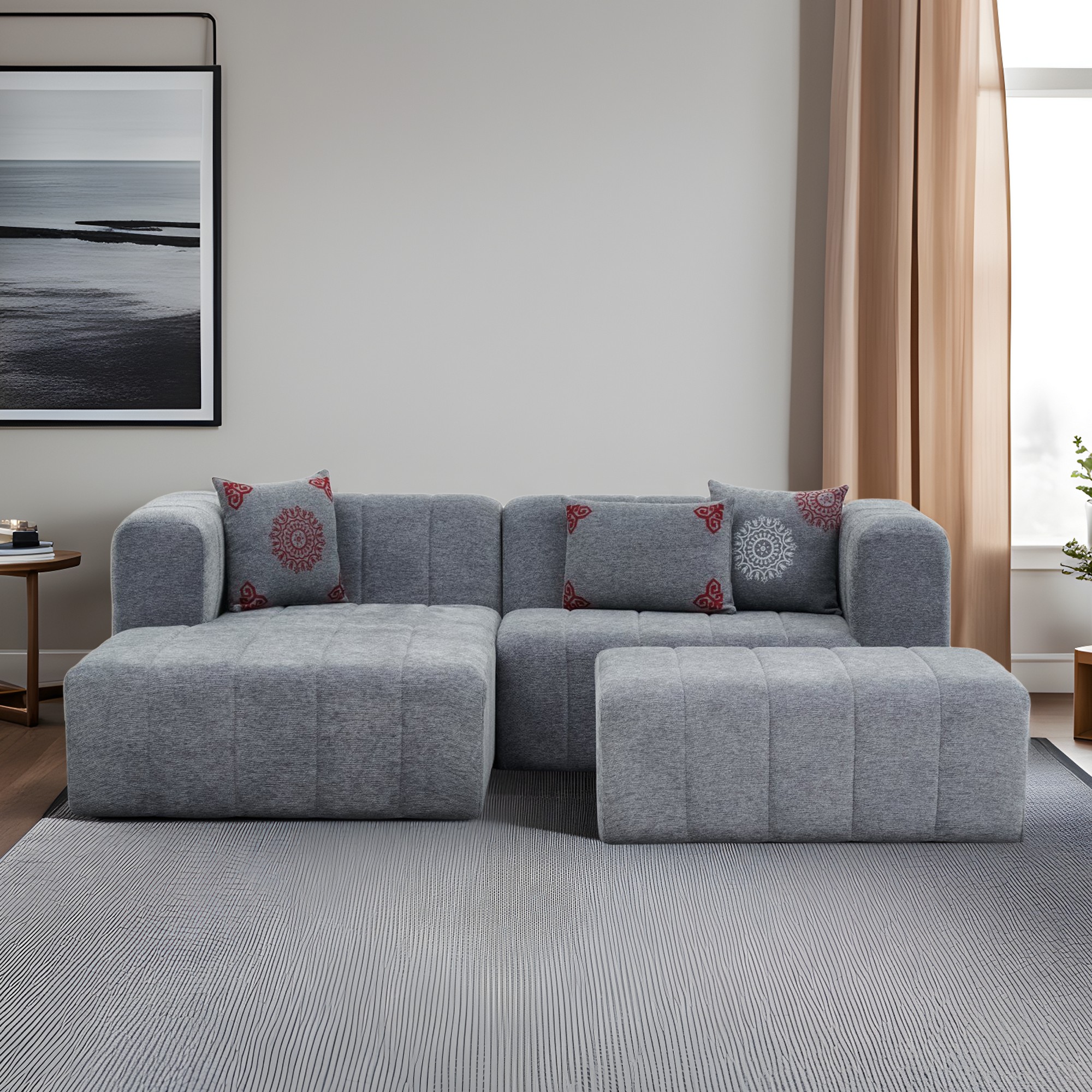 Beyza Sofa Récamiere Links mit Hocker Grau