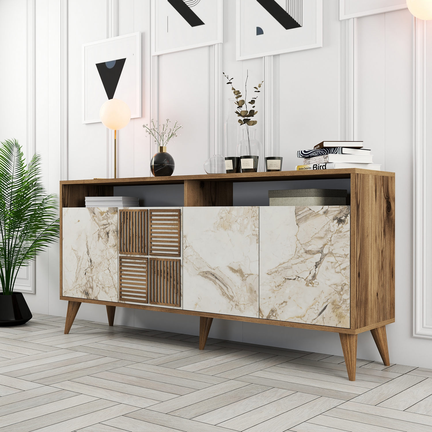 Milan Sideboard Walnut Brown Marble Effect White 160cm