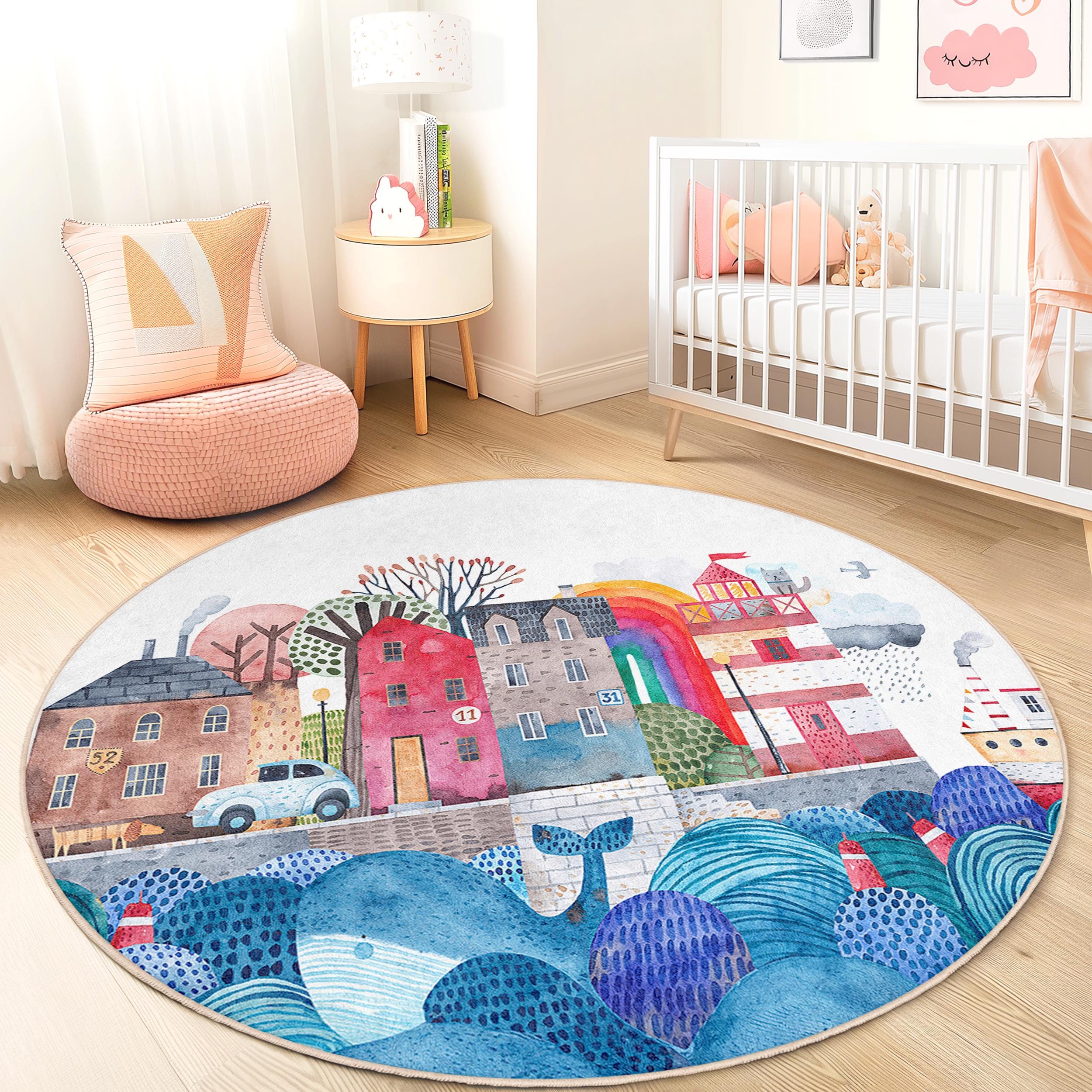 Colorful Beach House Kids' Rug Multicolored  Ø150cm