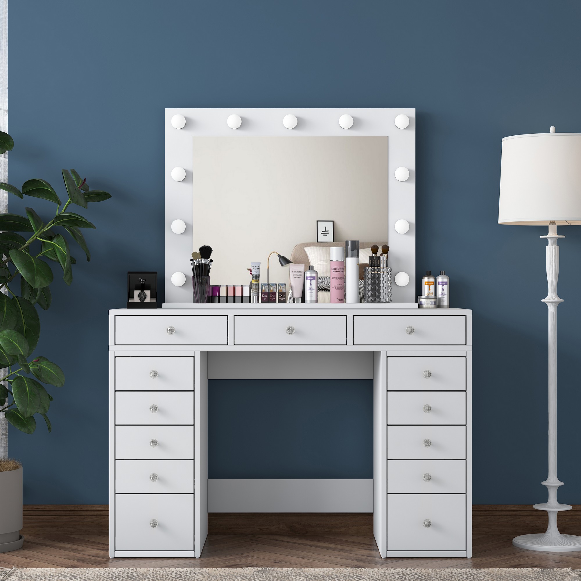 Dressing table with mirror and drawers White