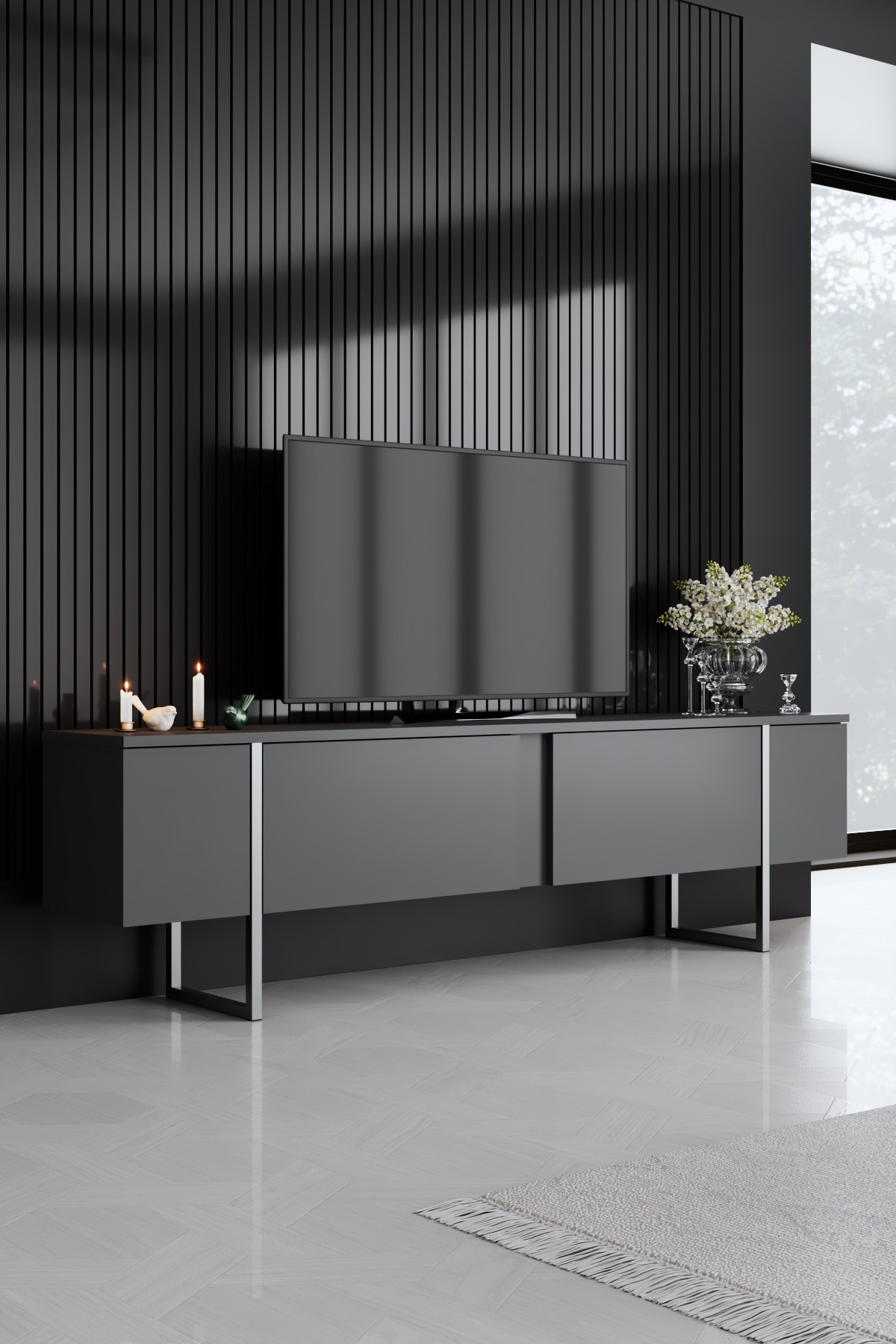 Luxe TV-Schrank Holzfurnier Anthrazit Silber