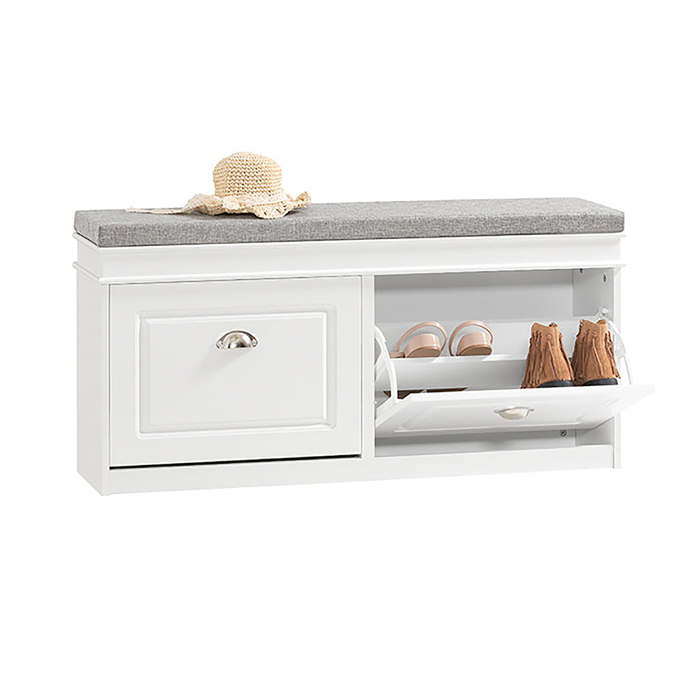 Estha I Shoe cabinet Bench with seat cushion Wood White Gray