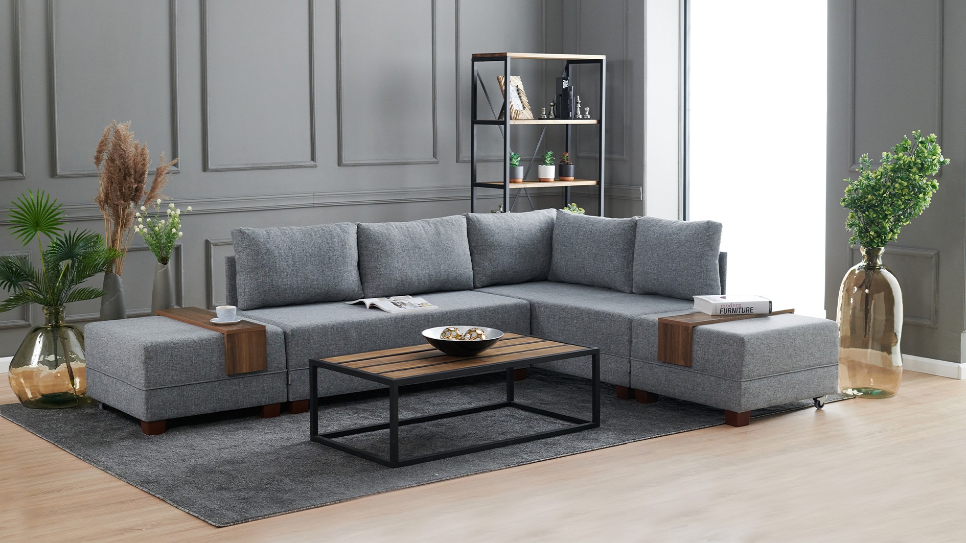 Schlafsofa Récamiere Rechts Polyester Holz Grau