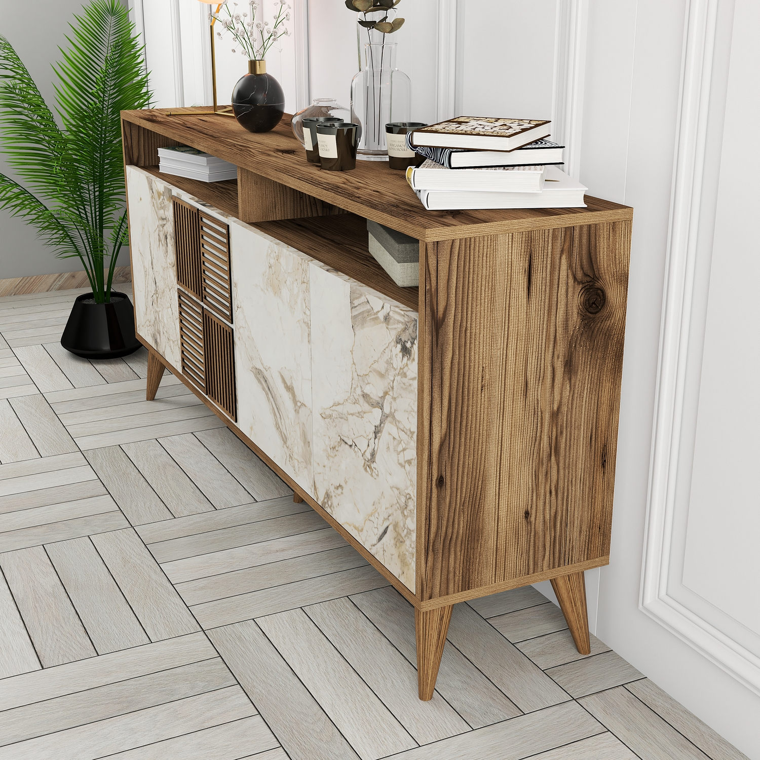 Milan Sideboard Walnut Brown Marble Effect White 160cm