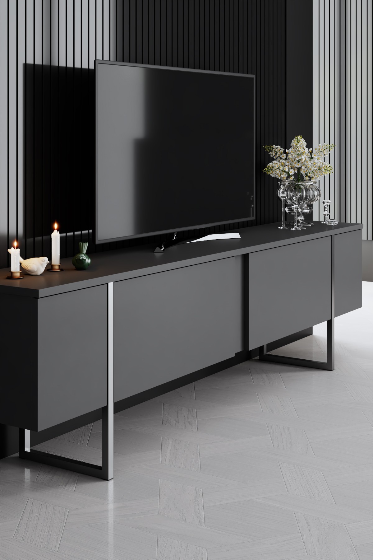 Luxe TV-Schrank Holzfurnier Anthrazit Silber