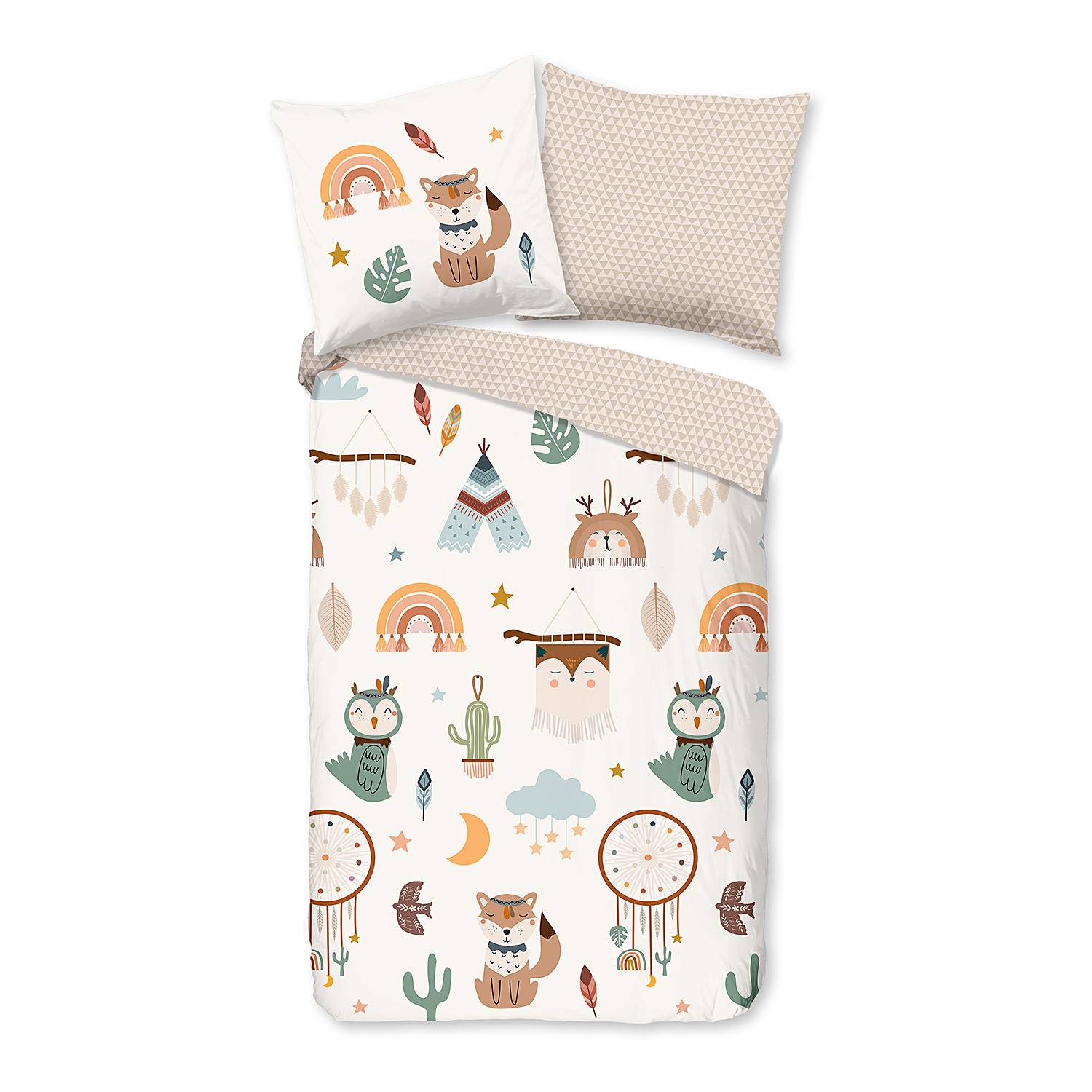 Kinderbettwäsche Eule und Fuchs Baumwolle Mehrfarbig