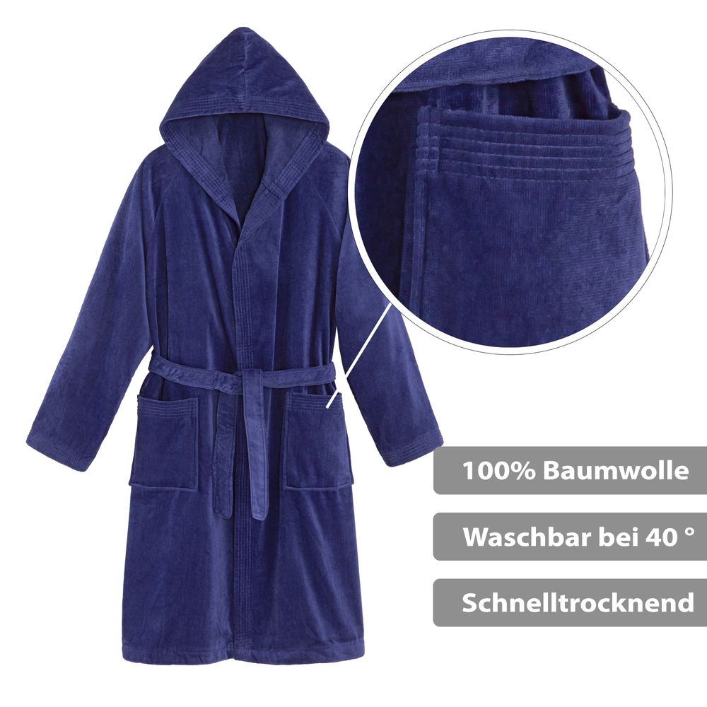 Unisex Bademantel Baumwolle mit Kapuze Blau Large