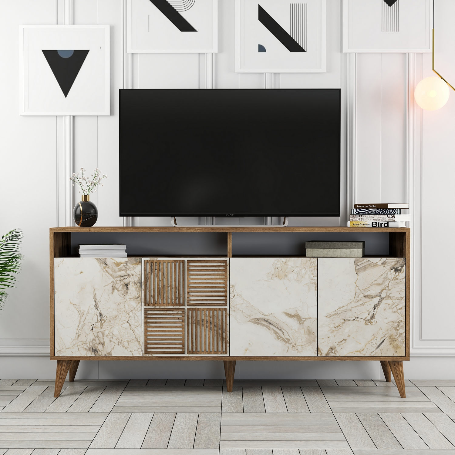 Milan Sideboard Walnut Brown Marble Effect White 160cm