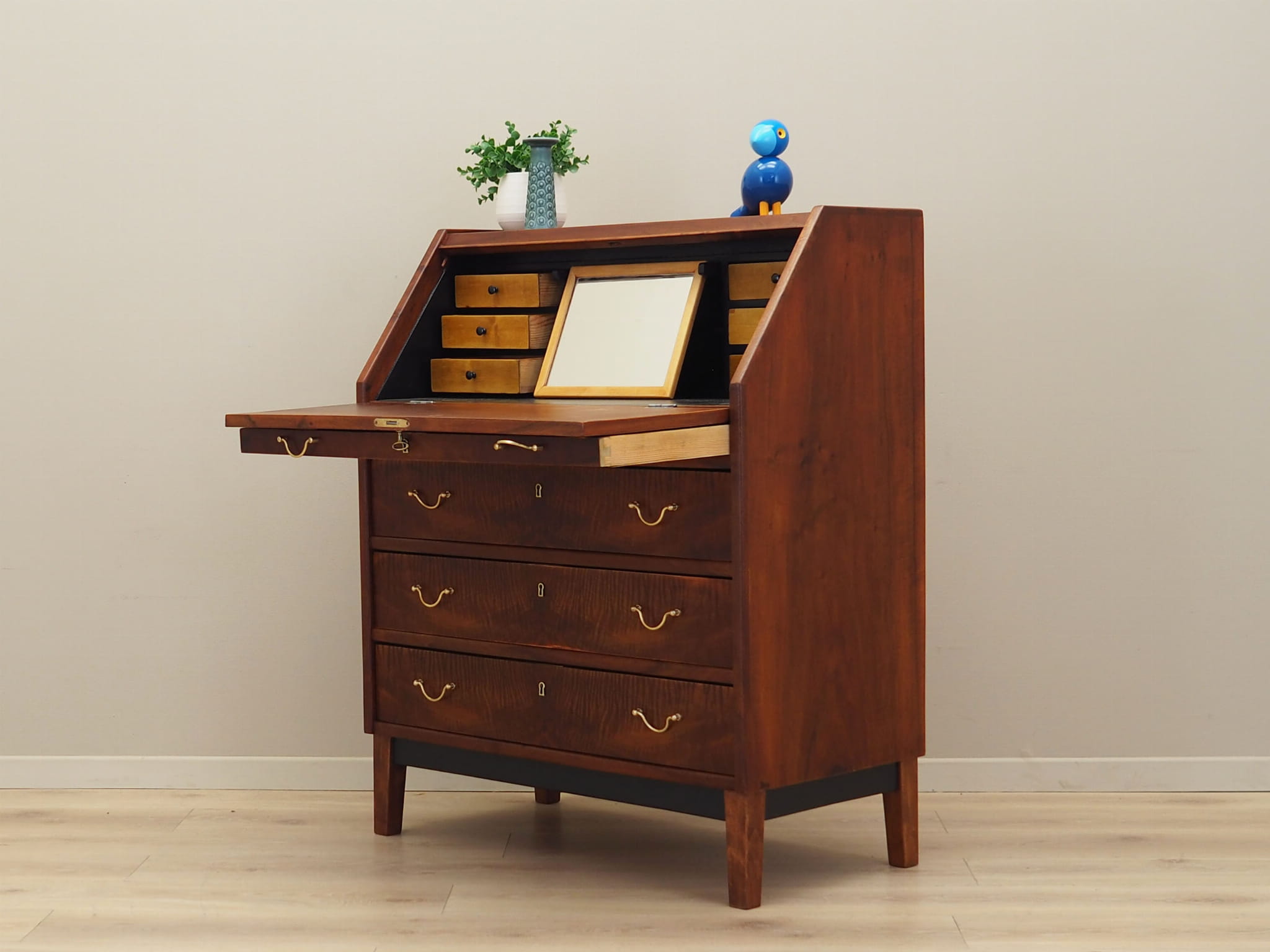Vintage secretary desk, walnut wood, brown, 1960s