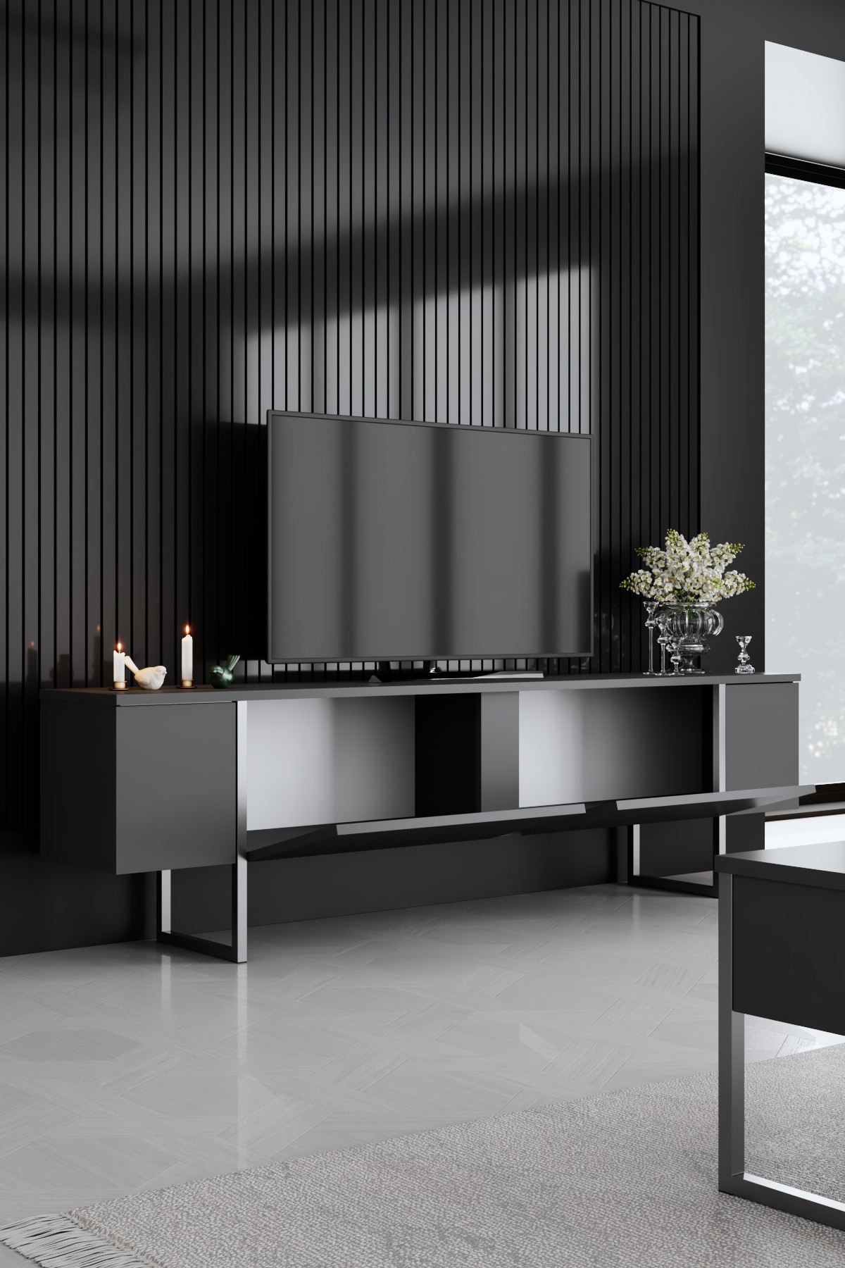 Luxe TV-Schrank Holzfurnier Anthrazit Silber