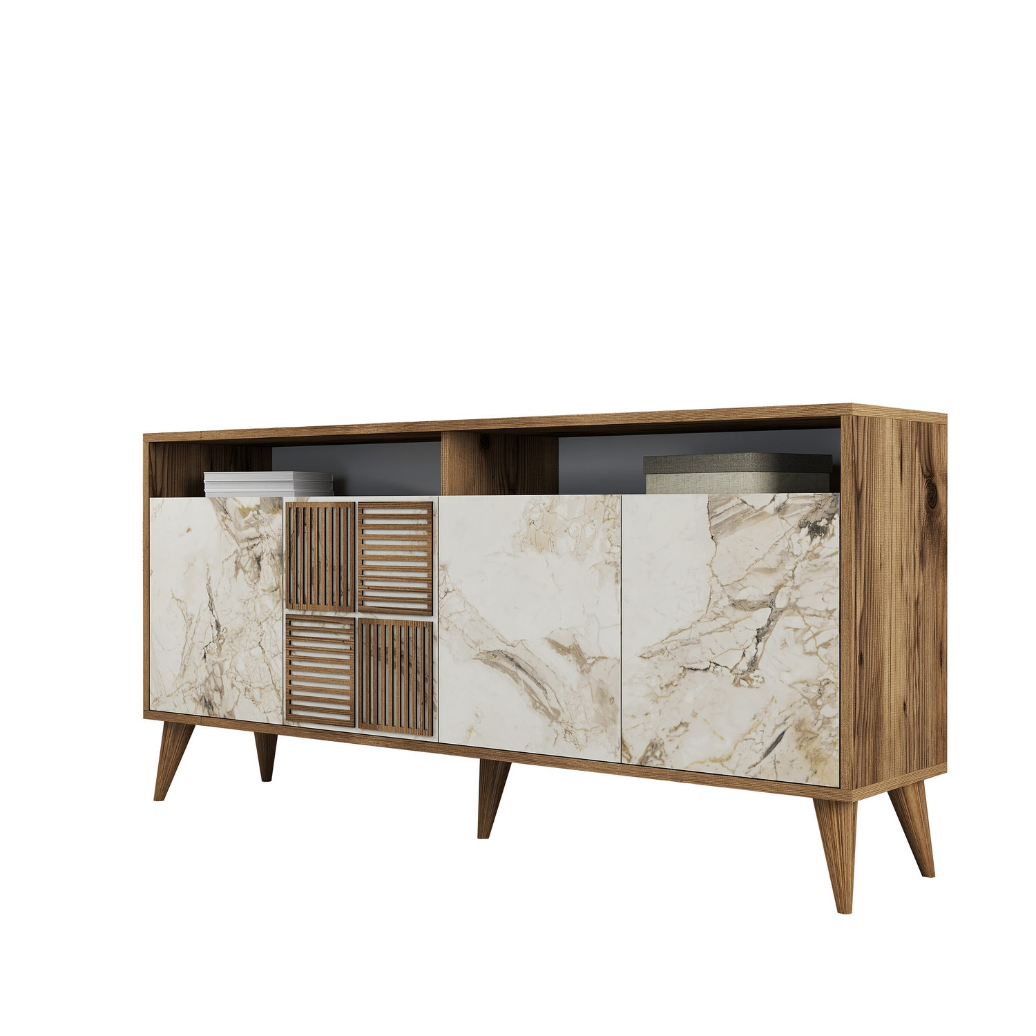 Milan Sideboard Walnut Brown Marble Effect White 160cm