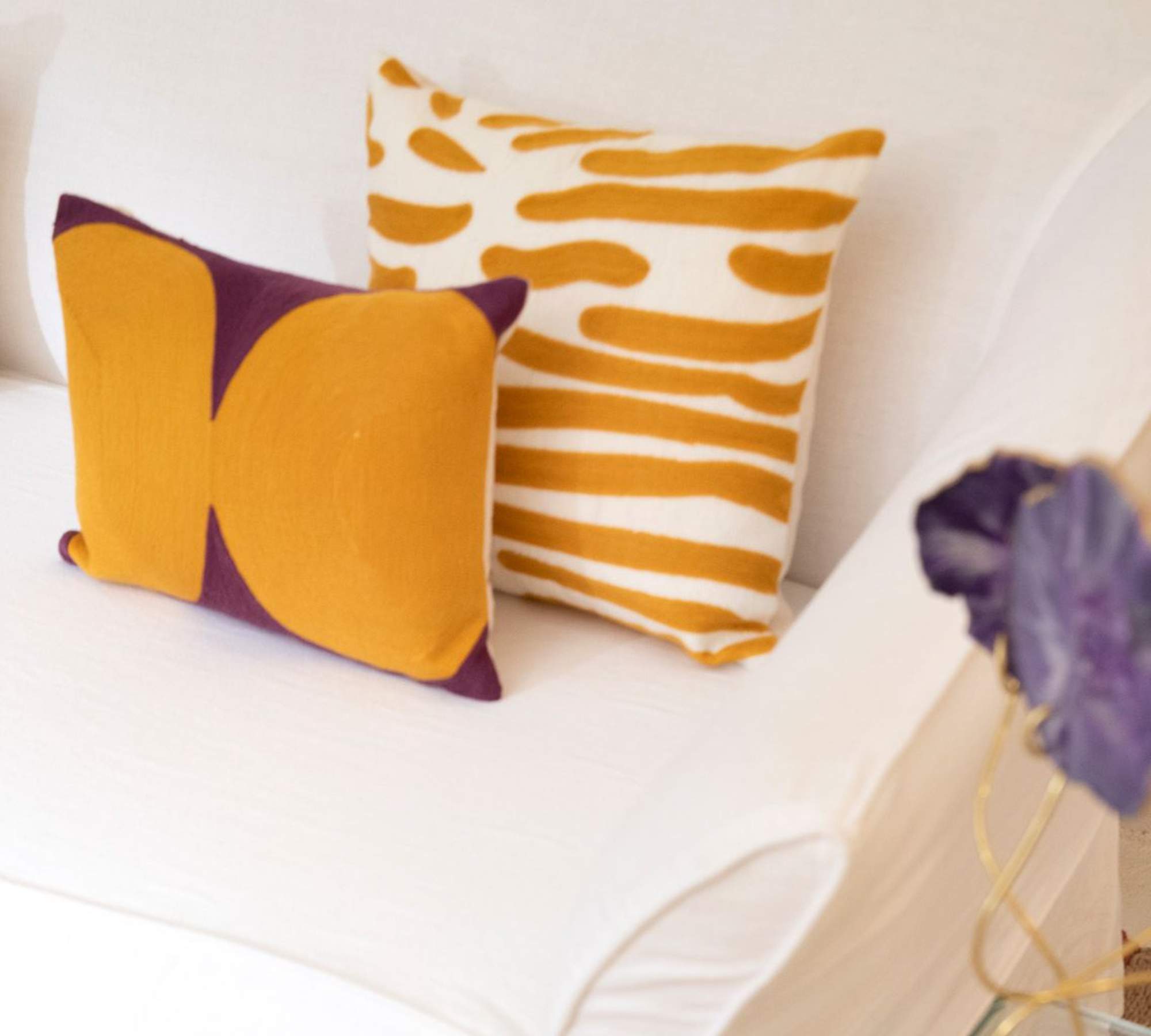 Embroidered cotton cushion with feather filling Orange Purple
