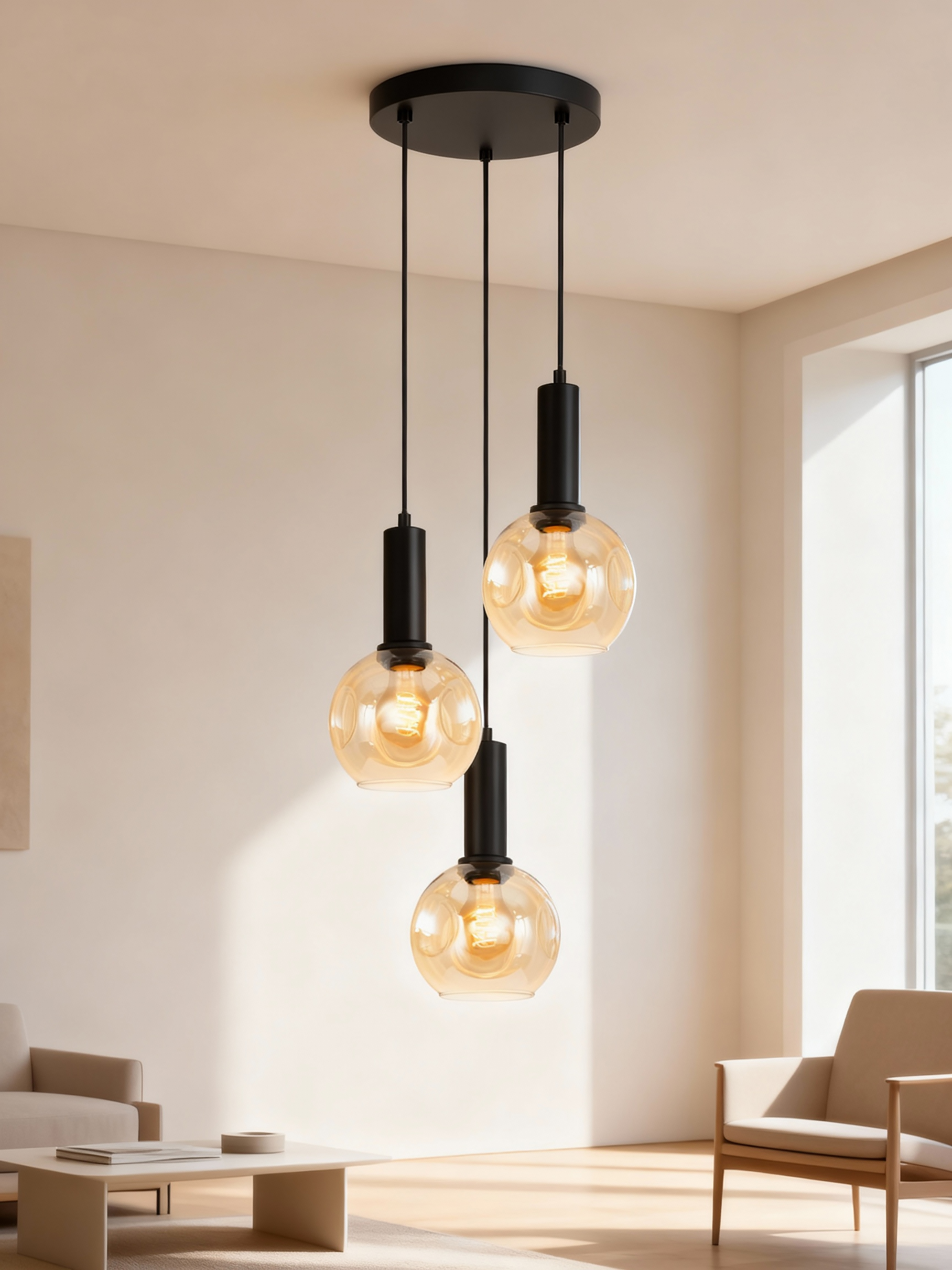 3-Flammig Jervey Pendelleuchte Gusseisen Farbglas Bernstein