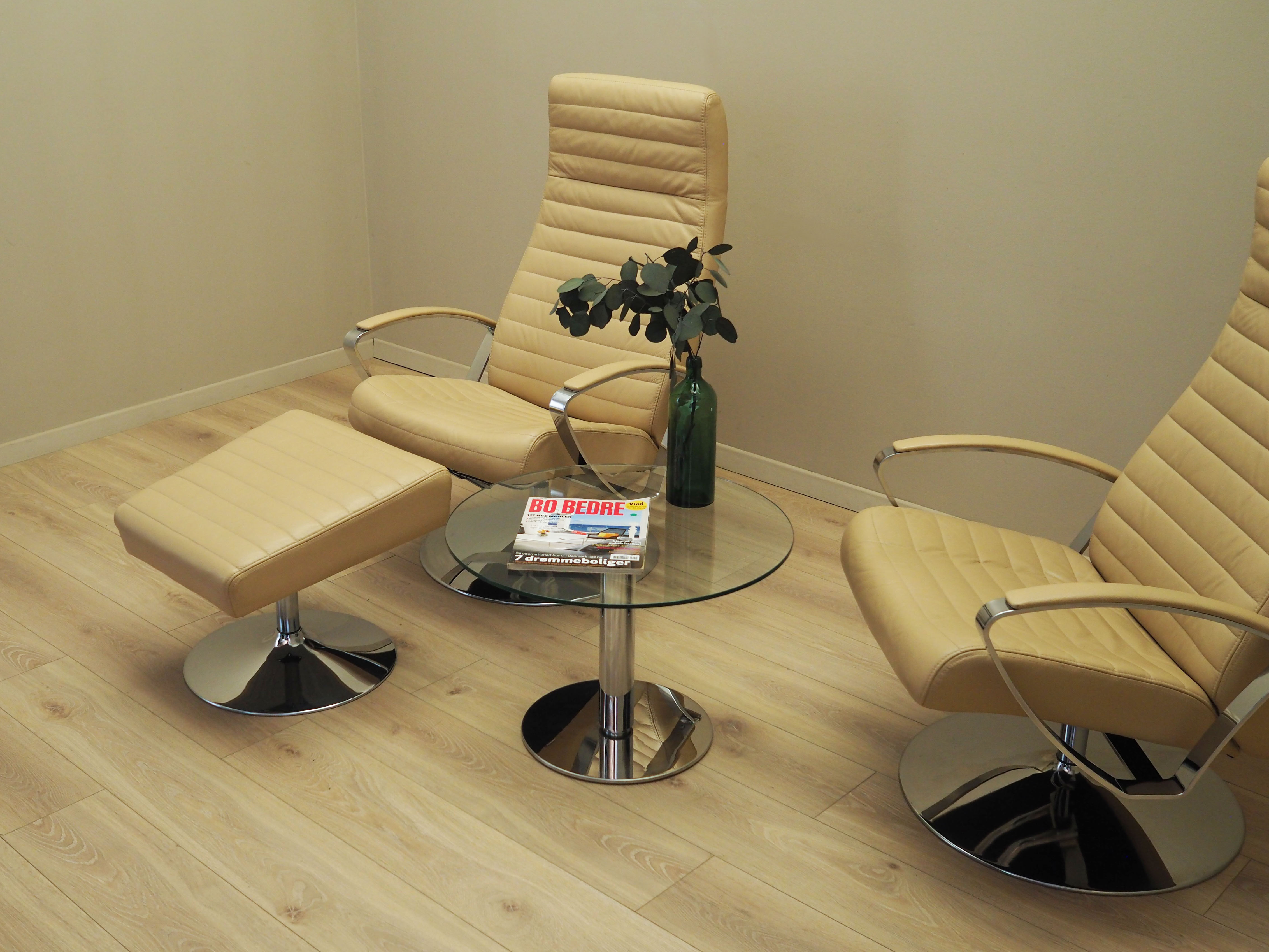 Sessel mit Hocker Leder Hellbraun 1970er Jahre