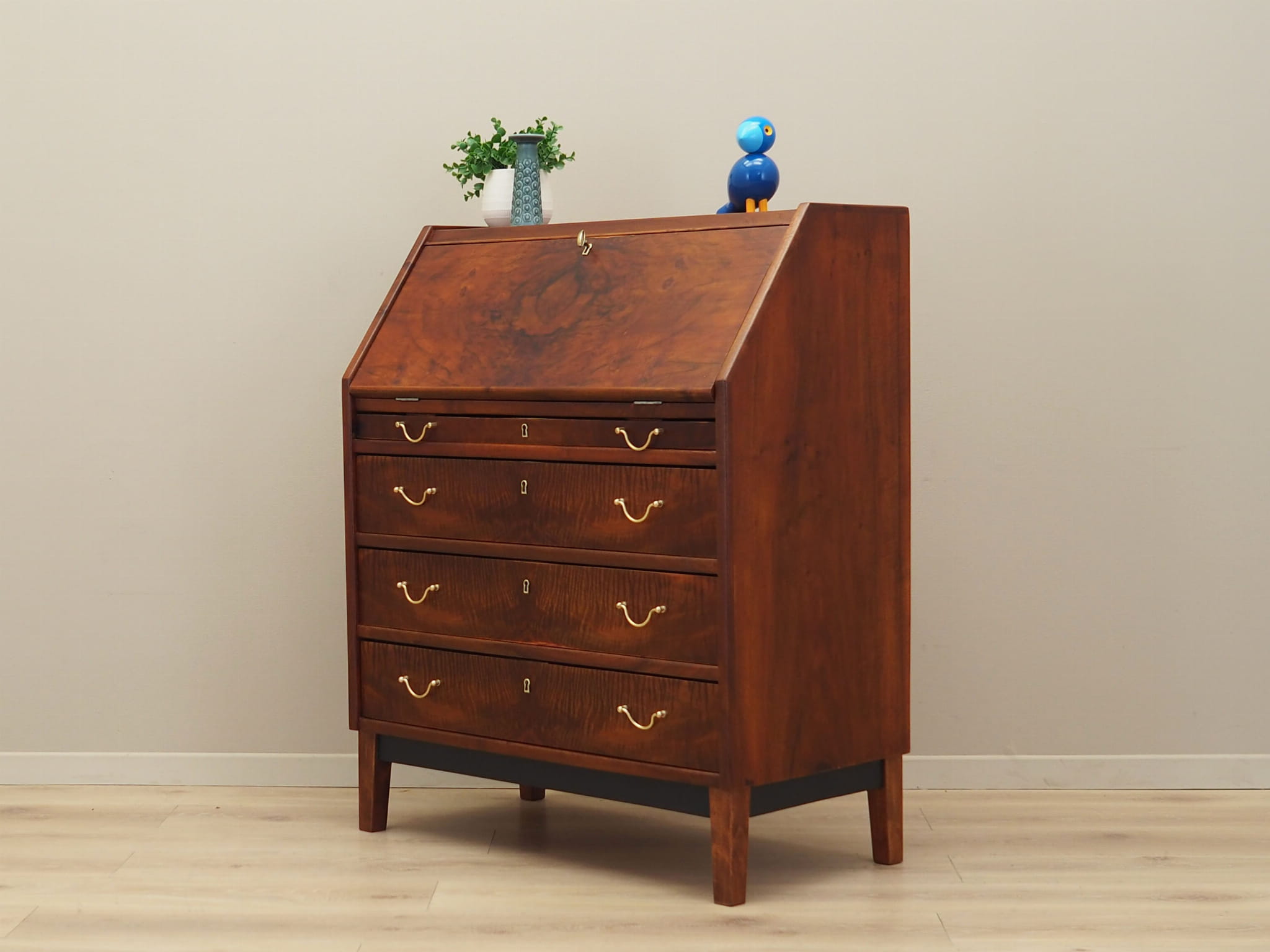 Vintage secretary desk, walnut wood, brown, 1960s