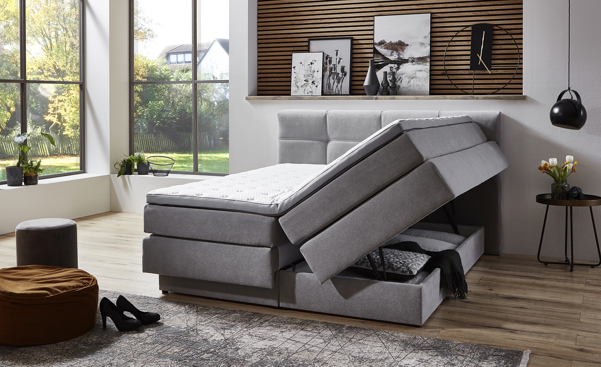 Chicago Boxspringbett mit Bettkasten & Topper Silber