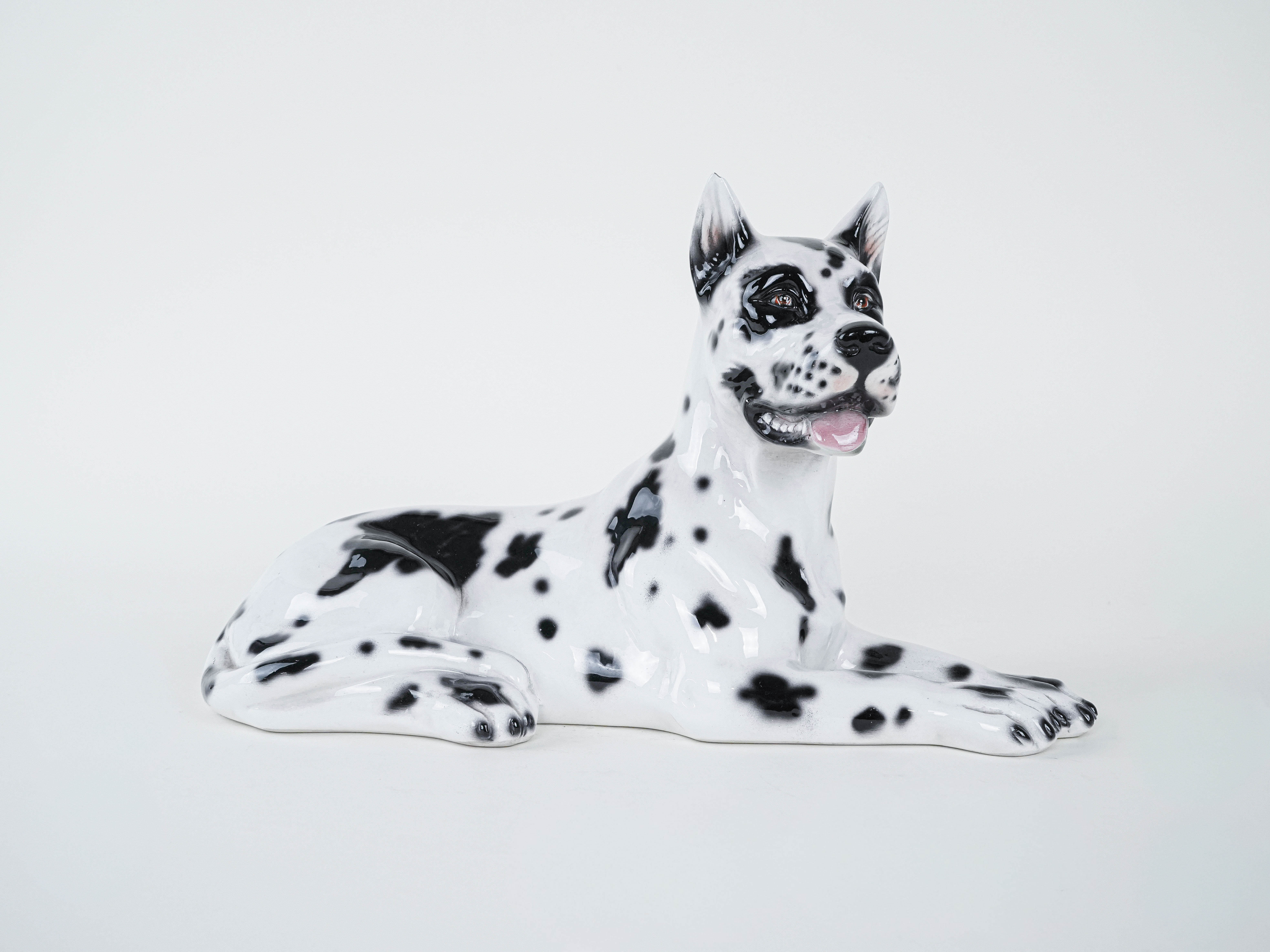 Ceramic Dog Harlequin Figure Black White 1970s