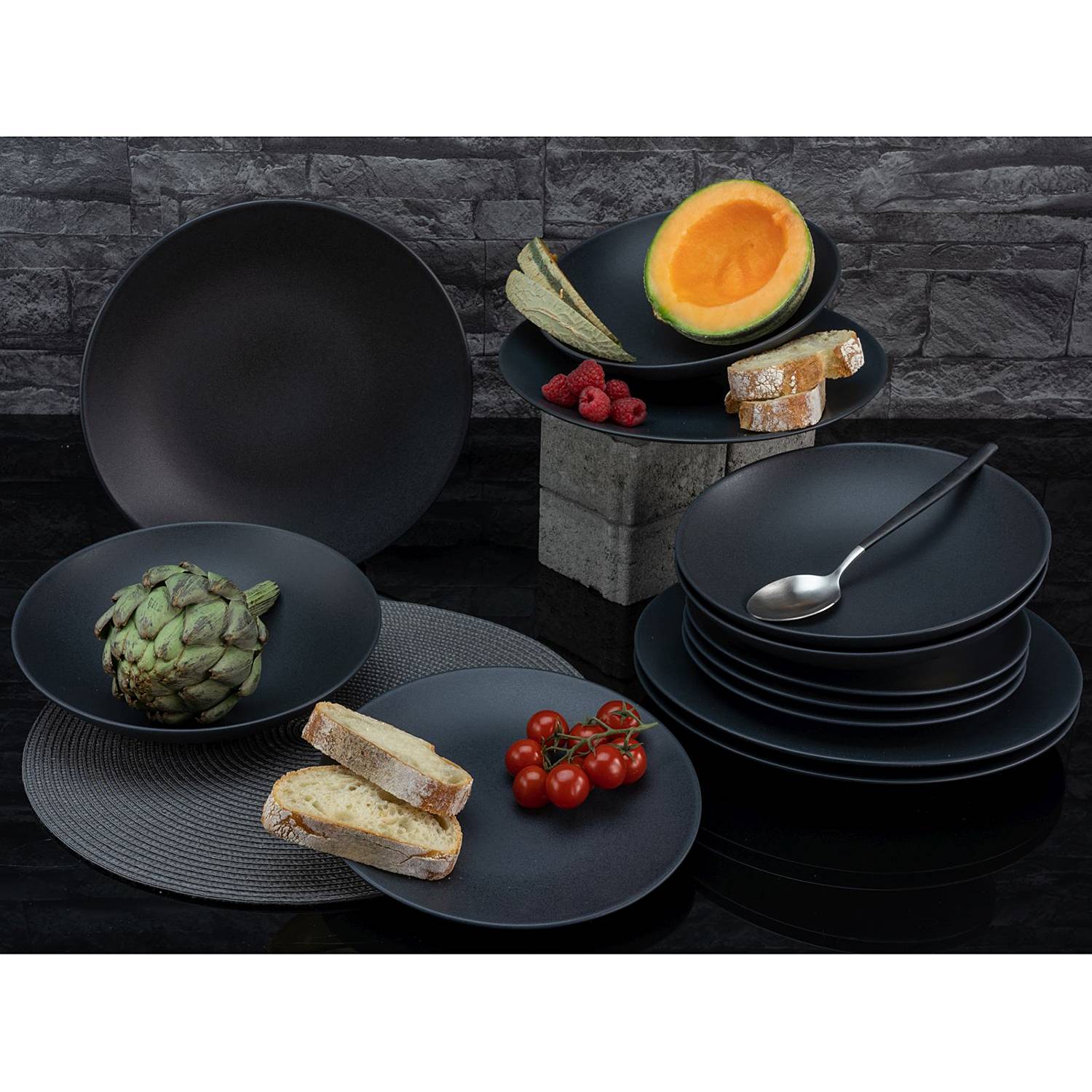 x12 Tafelservice Soft Touch BLACK Steinzeug Schwarz