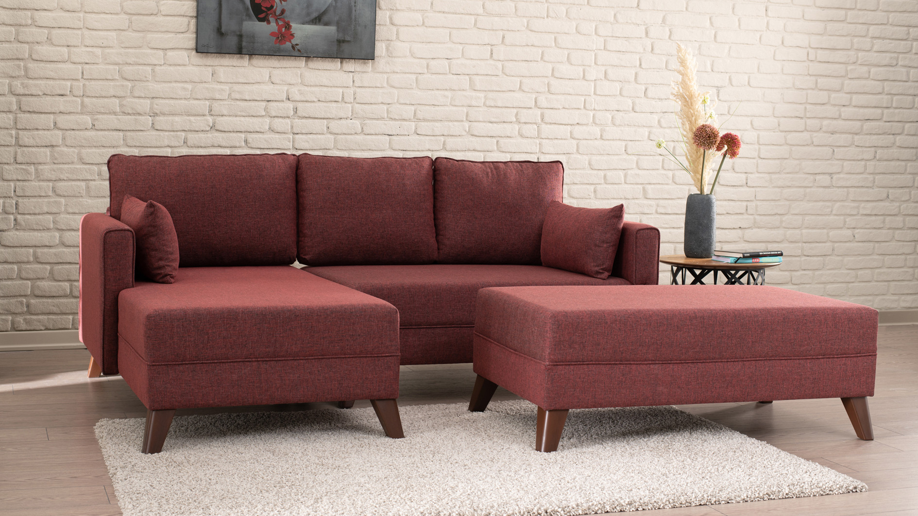 Bella Sofa Récamiere Links mit Hocker Rot