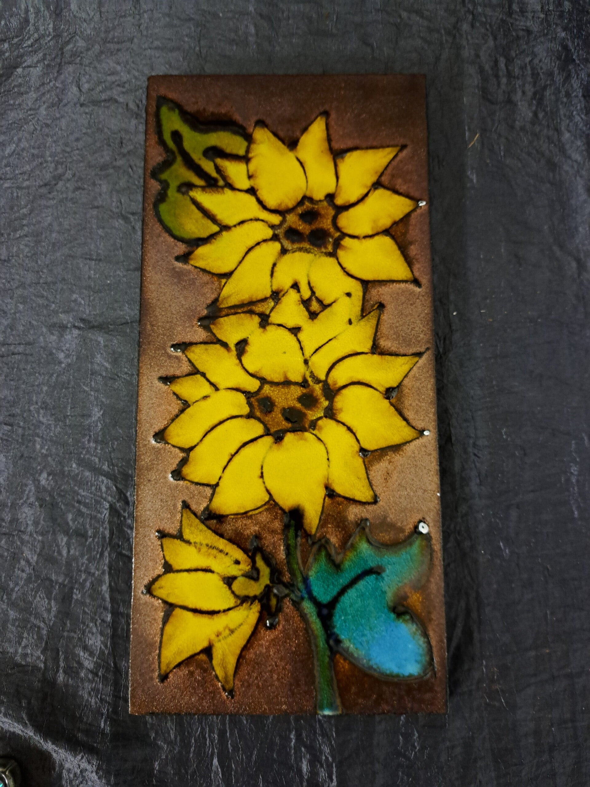 Vintage Keramik Wandfliese Sonnenblumen Gelb Braun