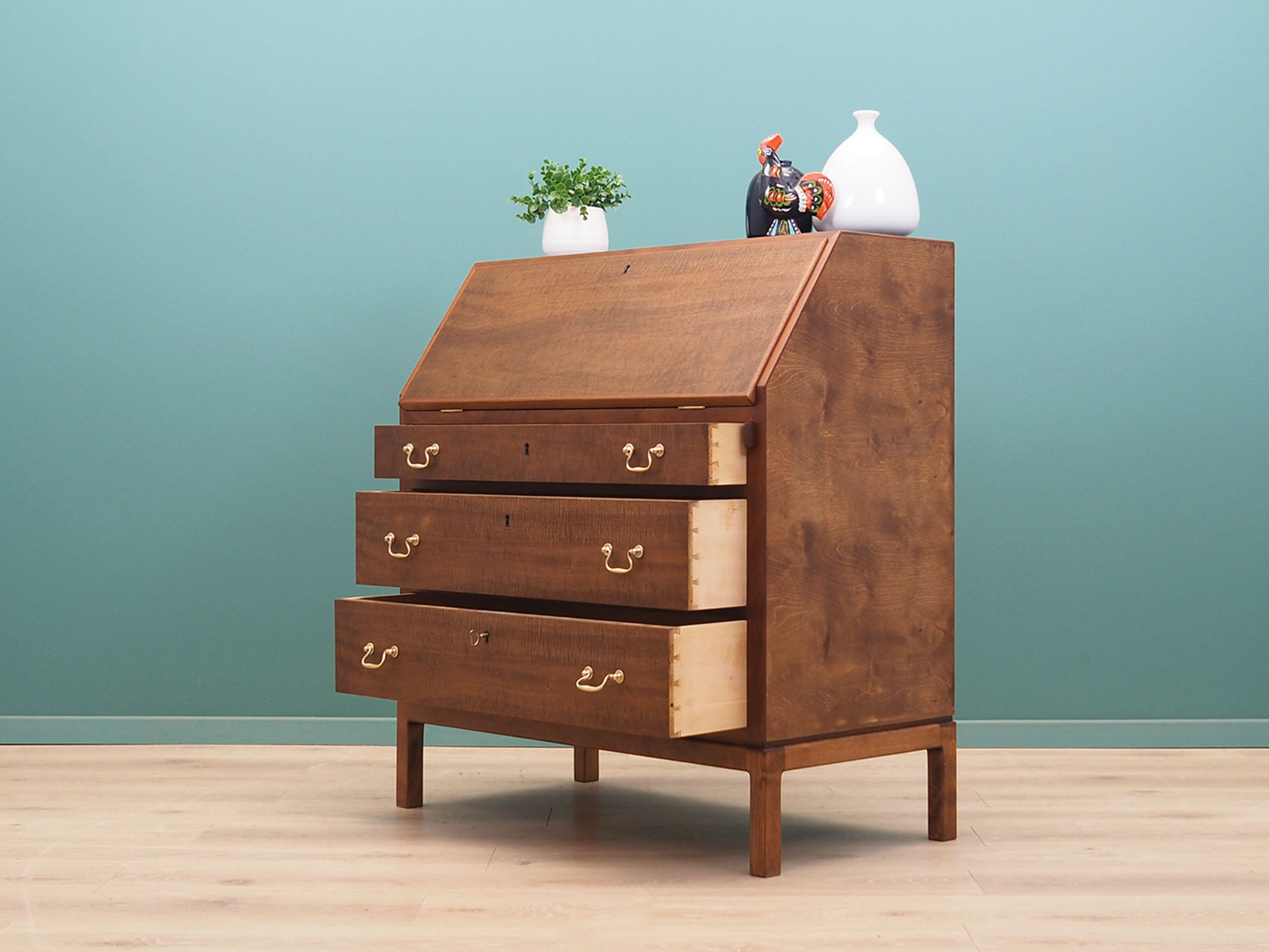 Vintage Secretary Desk Wood Metal Brown 1960s