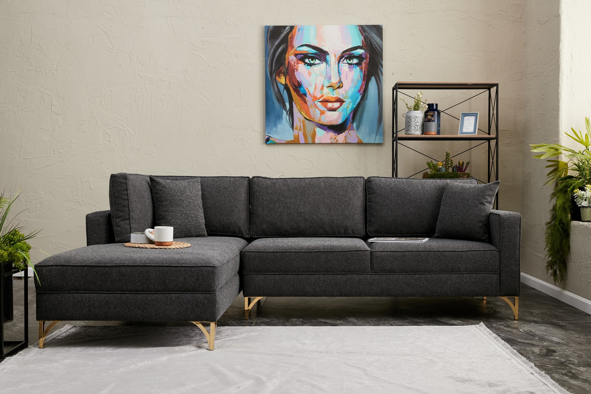 Lima Sofa Chaise Lounge Left Anthracite with golden legs