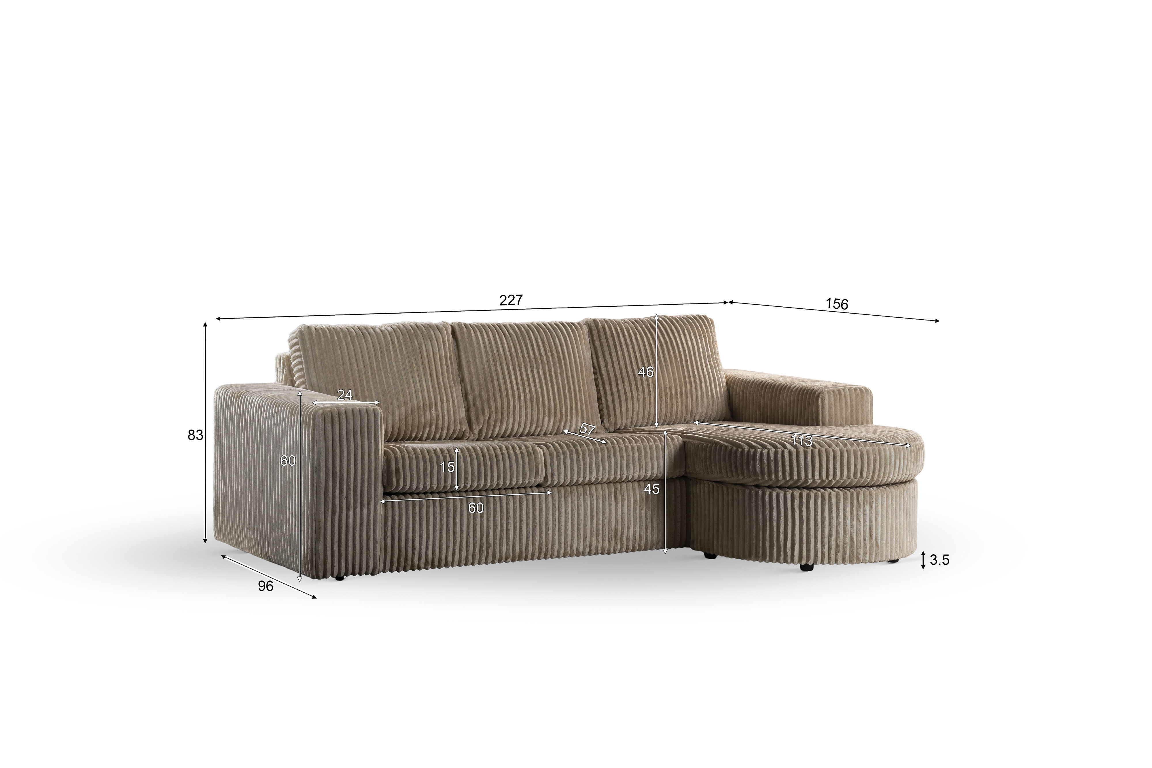Sofa 3-Seater Chaiselongue Left Right Beige