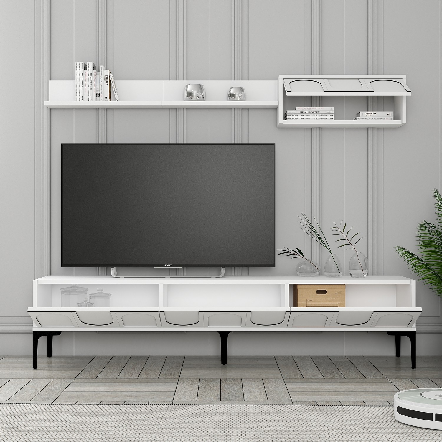 Lyon 2 TV cabinet Wood veneer White Black