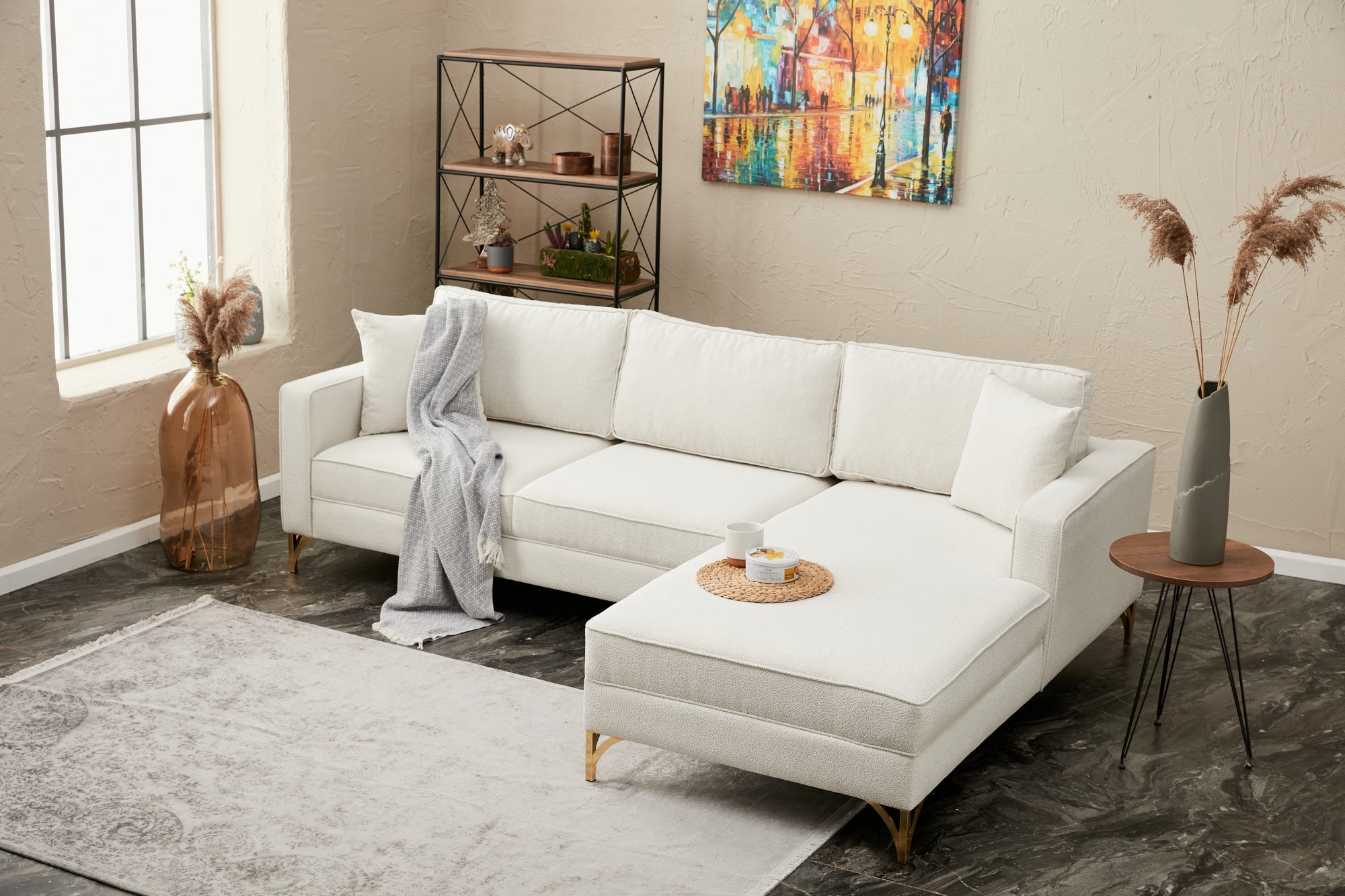 Lima Sofa Récmaiere Rechts Creme mit goldenen Beinen