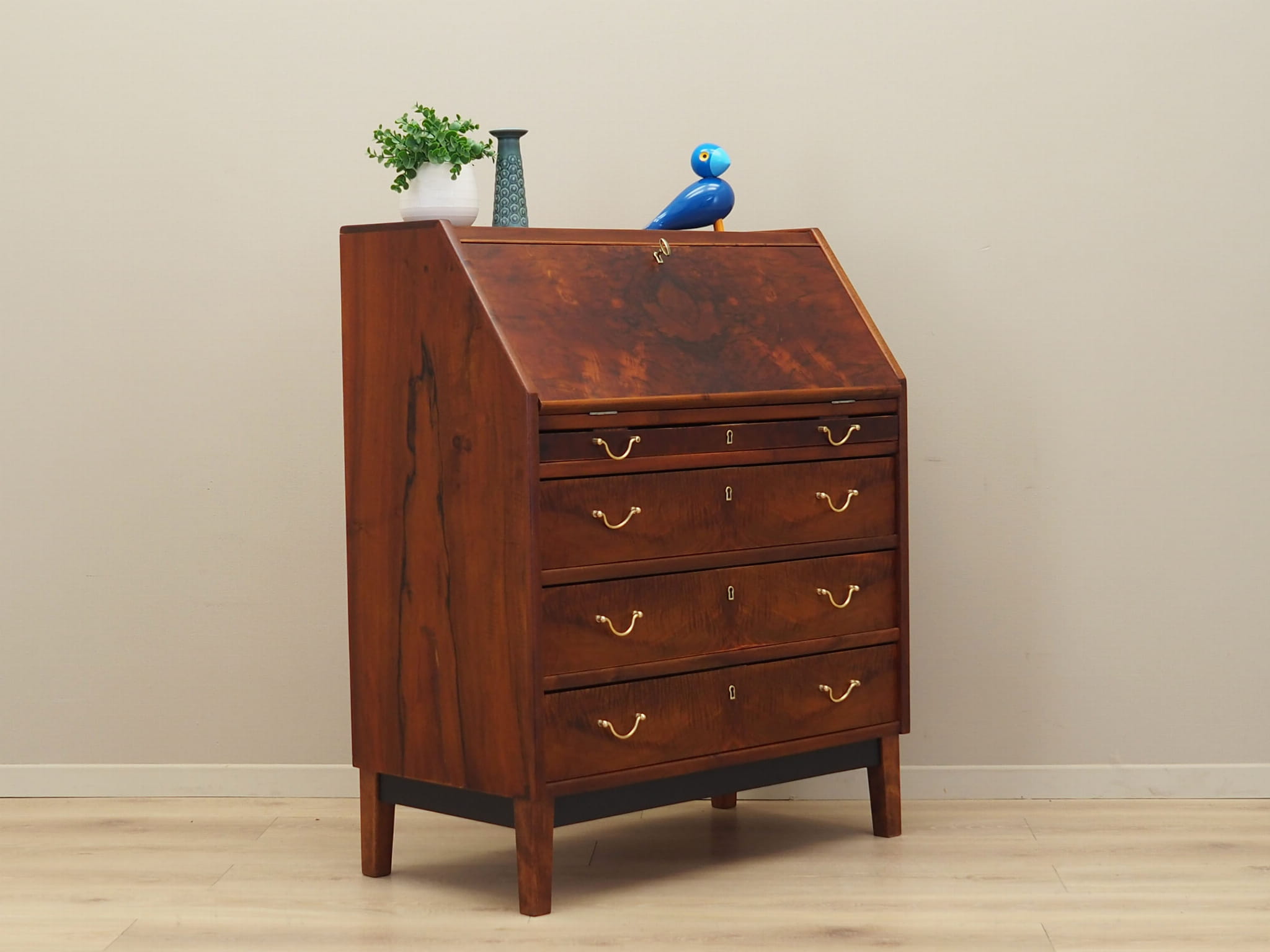 Vintage secretary desk, walnut wood, brown, 1960s